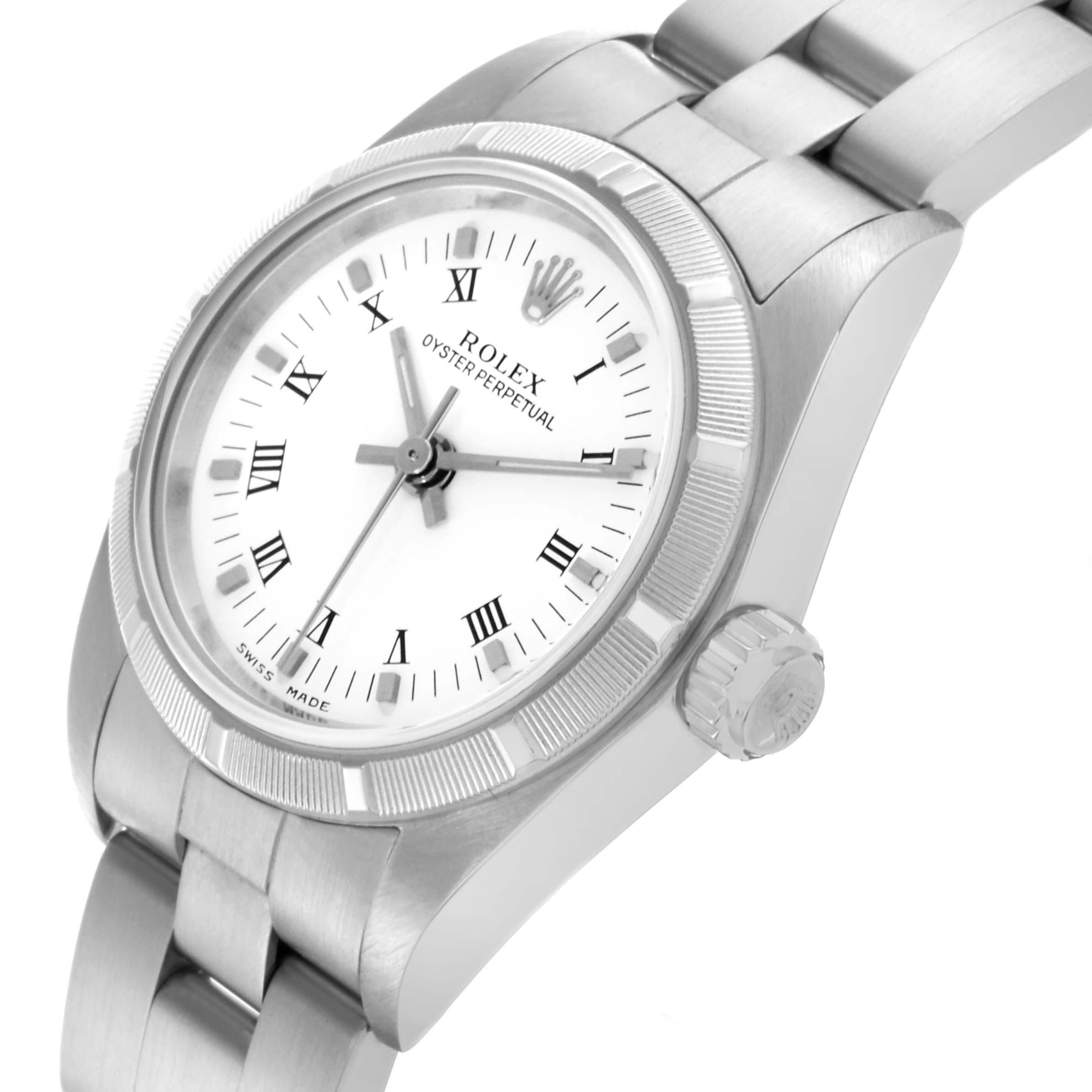 The Rolex Oyster Perpetual 76030 Women's Stainless Steel White Dial 76030 Women's Stainless Steel White Dial watch is shown from a slightly angled top-down view, highlighting the dial, bezel, crown, and bracelet.
