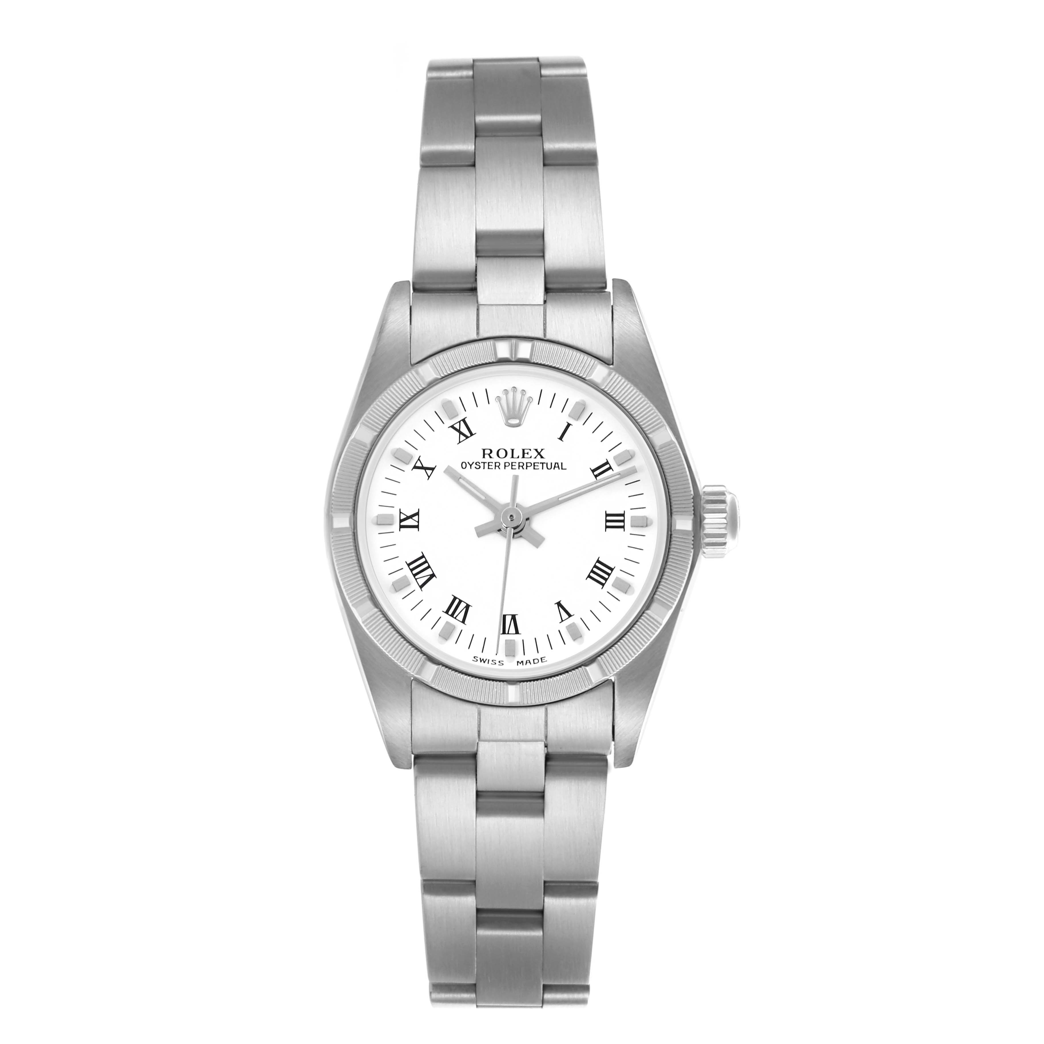 The Rolex Oyster Perpetual 76030 Women's Stainless Steel White Dial 76030 Women's Stainless Steel White Dial watch is shown from a front angle, displaying the dial, bezel, case, and bracelet.