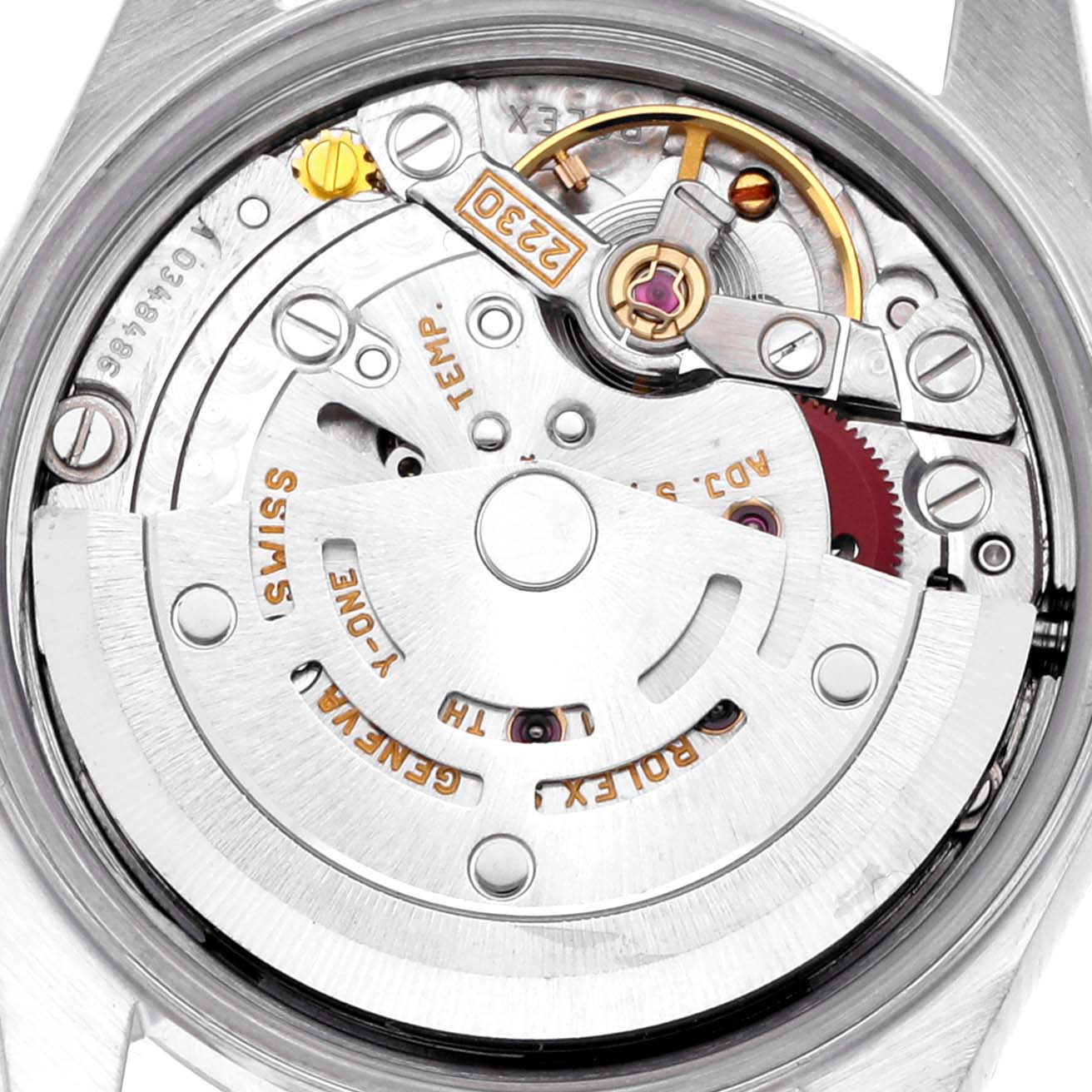 The image shows the movement of a Rolex Oyster Perpetual 76030 Women's Stainless Steel White Dial 76030 Women's Stainless Steel White Dial watch from a top-down view, highlighting the rotor and internal mechanics.