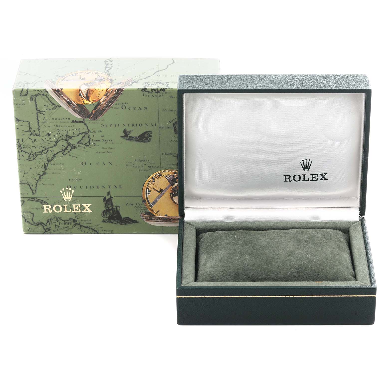 The image shows an open Rolex Oyster Perpetual 76030 Women's Stainless Steel White Dial 76030 Women's Stainless Steel White Dial watch box and its outer packaging from a front angle.