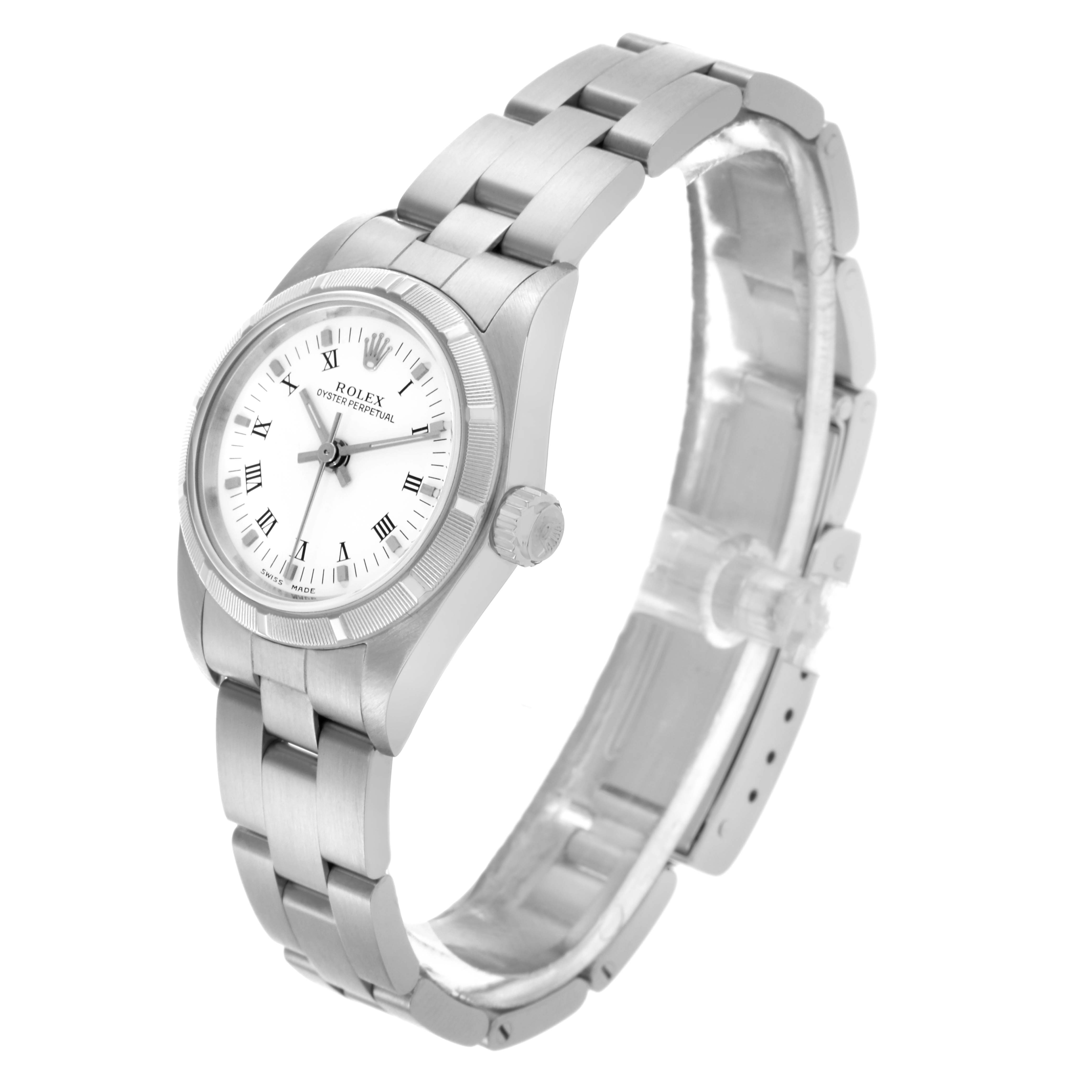 This Rolex Oyster Perpetual 76030 Women's Stainless Steel White Dial 76030 Women's Stainless Steel White Dial watch is shown at a three-quarter angle, displaying the dial, bezel, crown, and bracelet clearly.