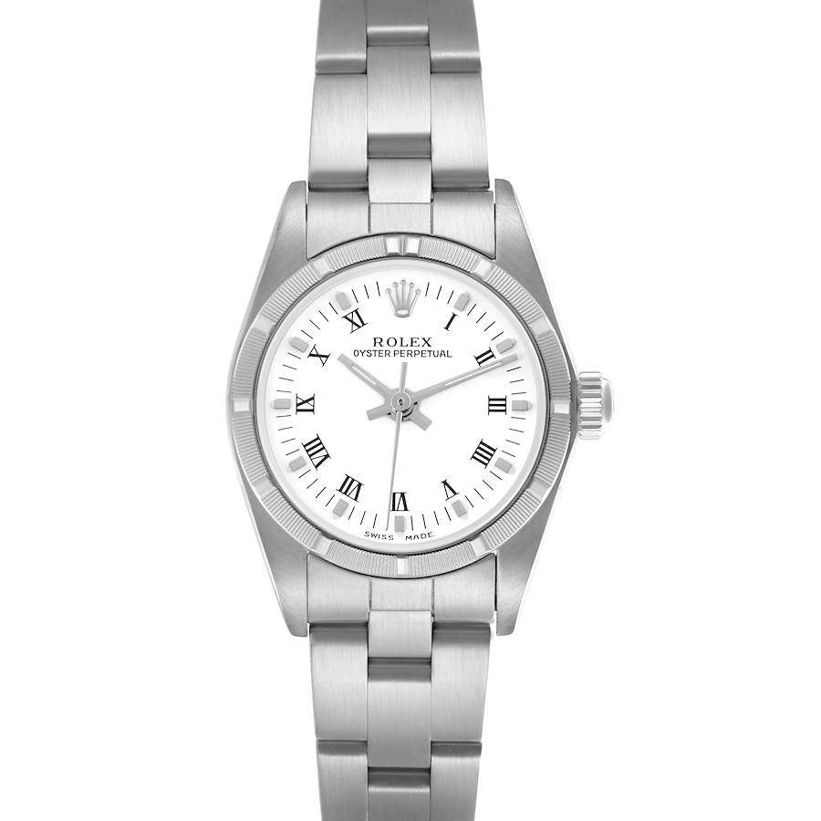 The Rolex Oyster Perpetual watch is shown from a front angle, highlighting the dial, bezel, crown, and bracelet.