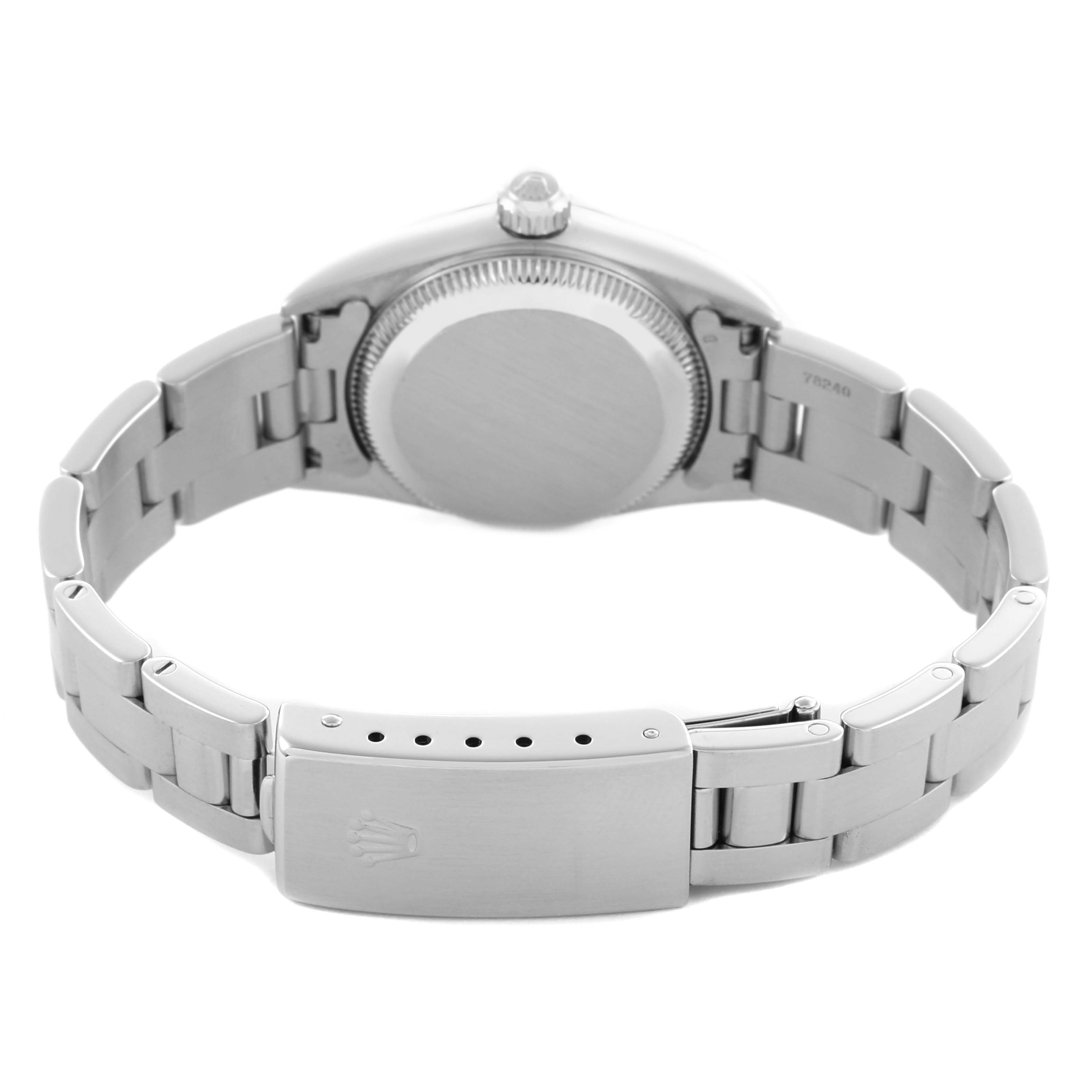 The image shows a rear view of the Rolex Oyster Perpetual 76030 Women's Stainless Steel White Dial 76030 Women's Stainless Steel White Dial, highlighting the case back and metal bracelet with clasp.