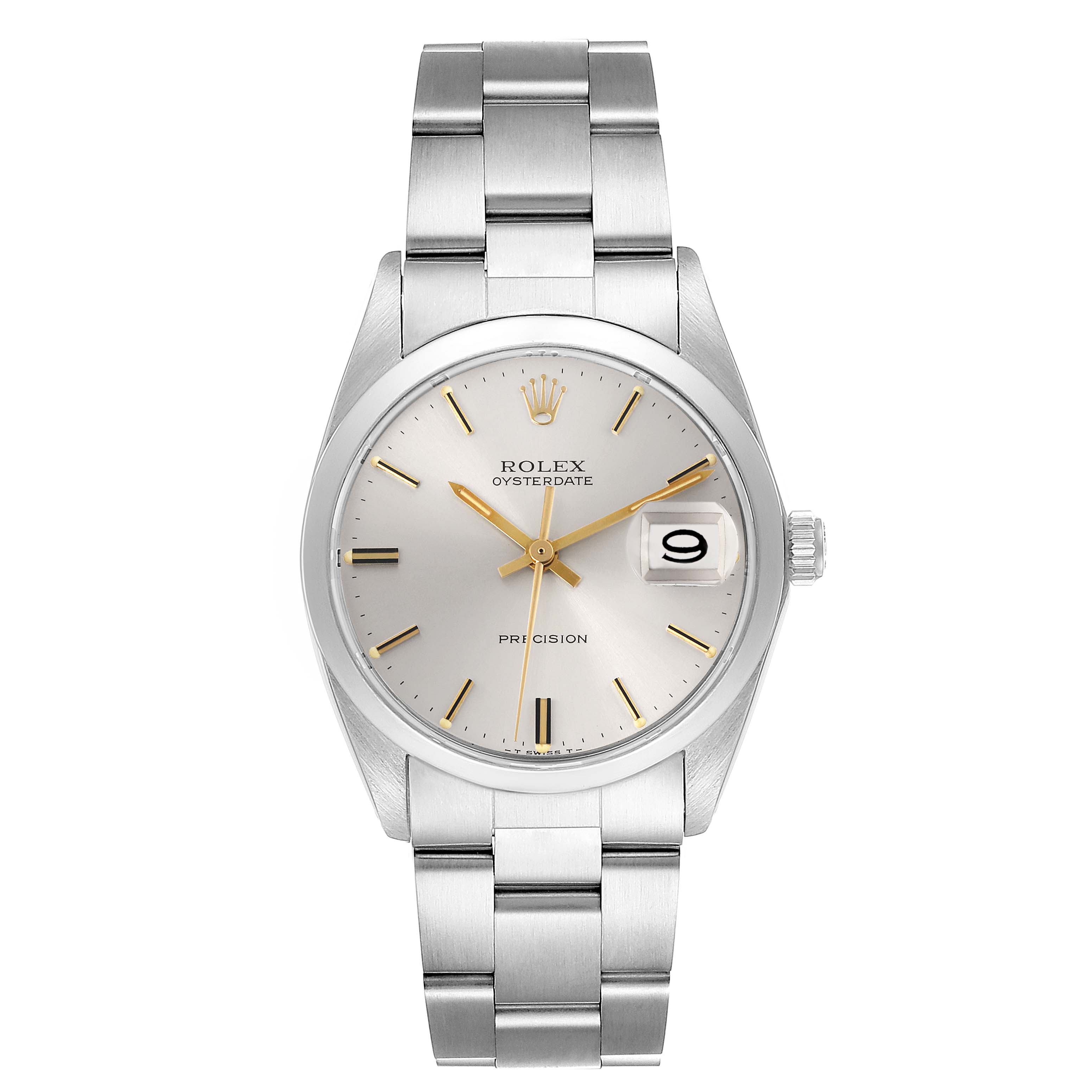 The Rolex Date 6694 Men's Stainless Steel Silver Dial 6694 Men's Stainless Steel Silver Dial watch is shown from the front, displaying its face, bezel, and full bracelet.