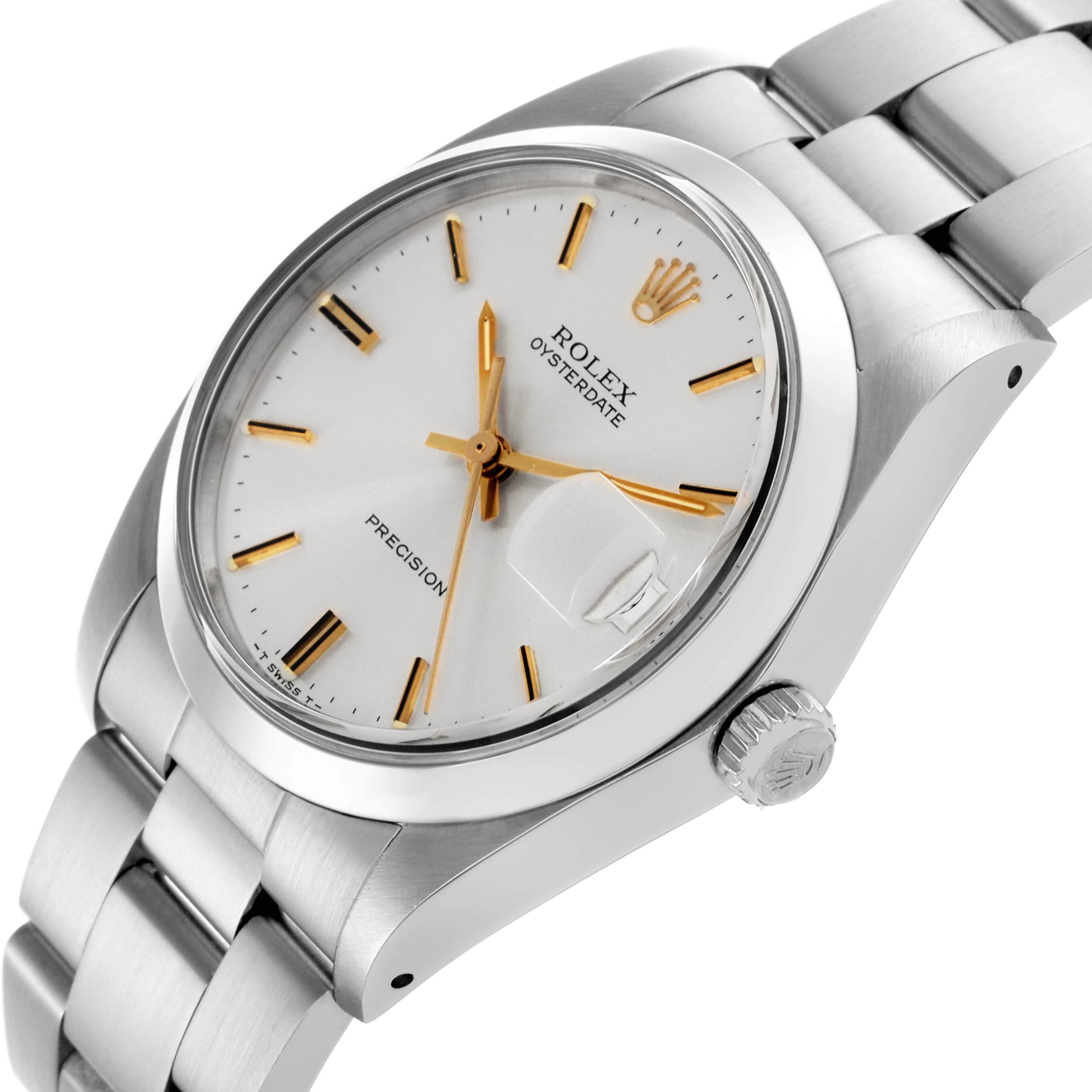 The Rolex Date 6694 Men's Stainless Steel Silver Dial 6694 Men's Stainless Steel Silver Dial watch is shown at an angled view, highlighting its dial, crown, and part of the bracelet.