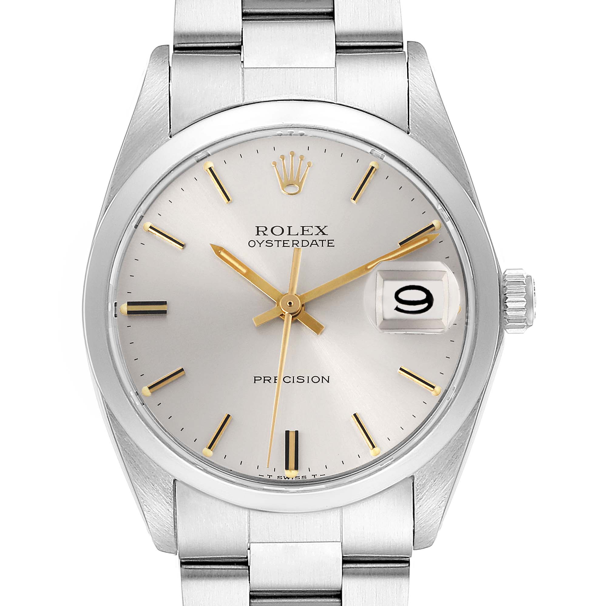 The Date model by Rolex is shown from a frontal view, highlighting the dial, hands, and date window.