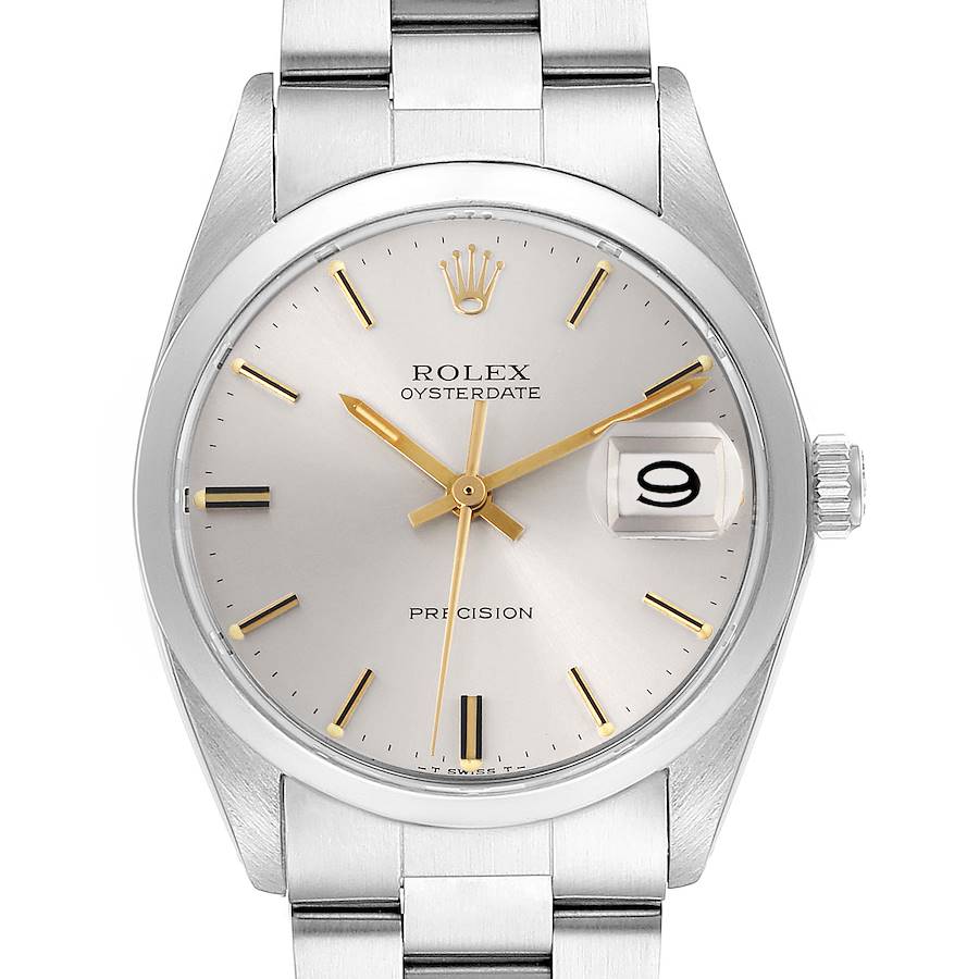 The Date model by Rolex is shown from a frontal view, highlighting the dial, hands, and date window.