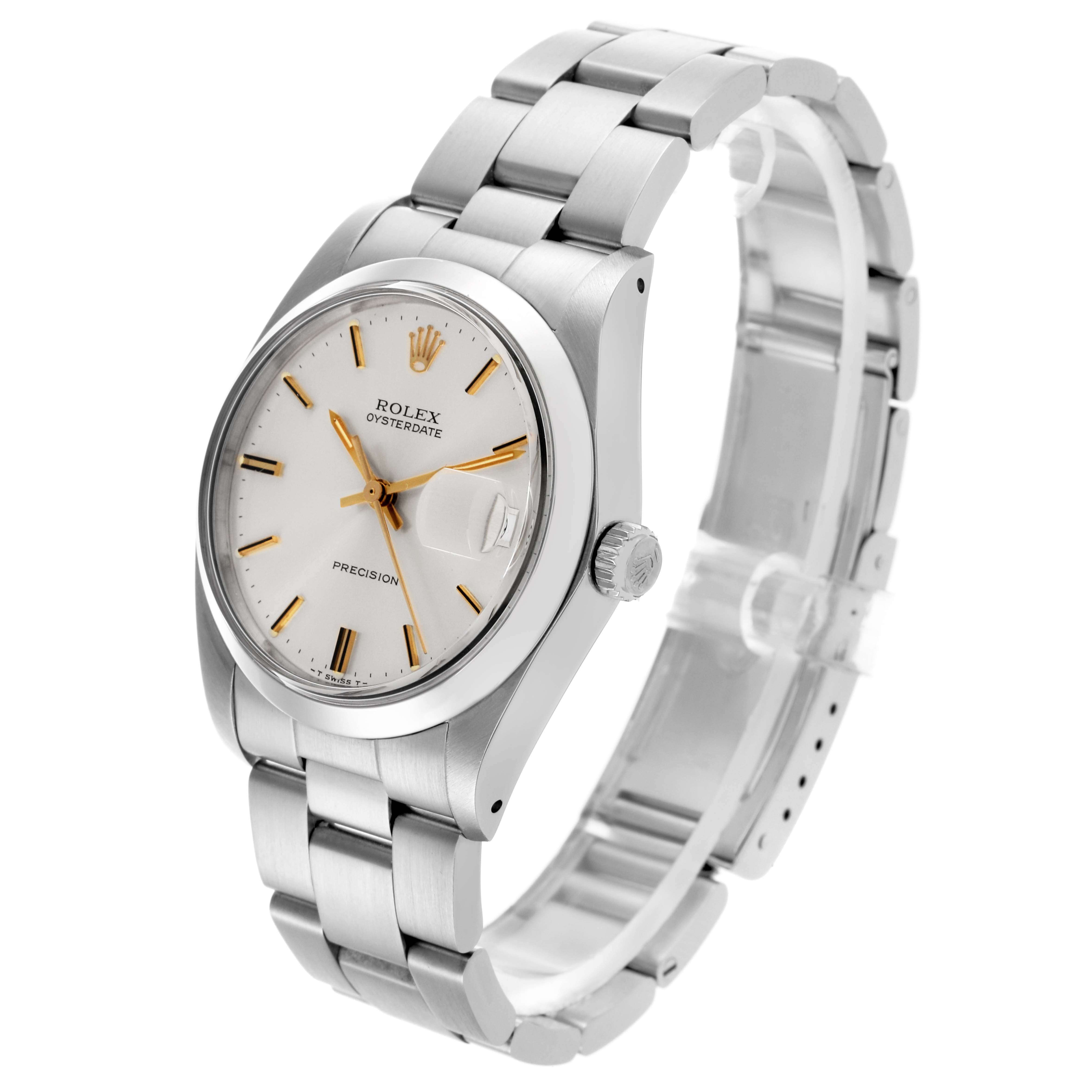 The Rolex Oysterdate watch is shown at a three-quarter angle, displaying the face, bezel, crown, and bracelet prominently.