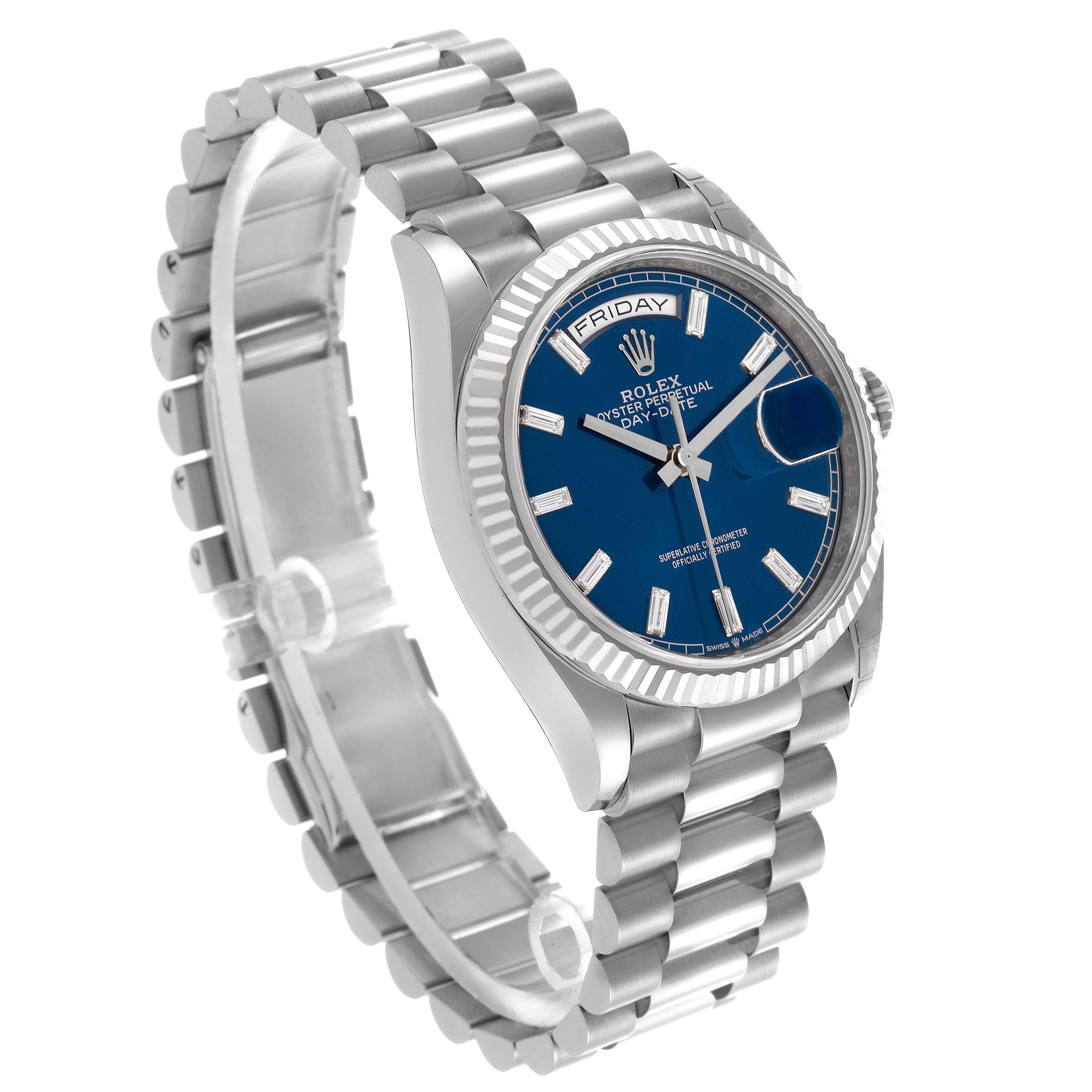 The Rolex President 128239 Men's White Gold Blue Dial 128239 Men's White Gold Blue Dial model watch is shown at an angled side view, highlighting the bracelet, blue dial, and fluted bezel.