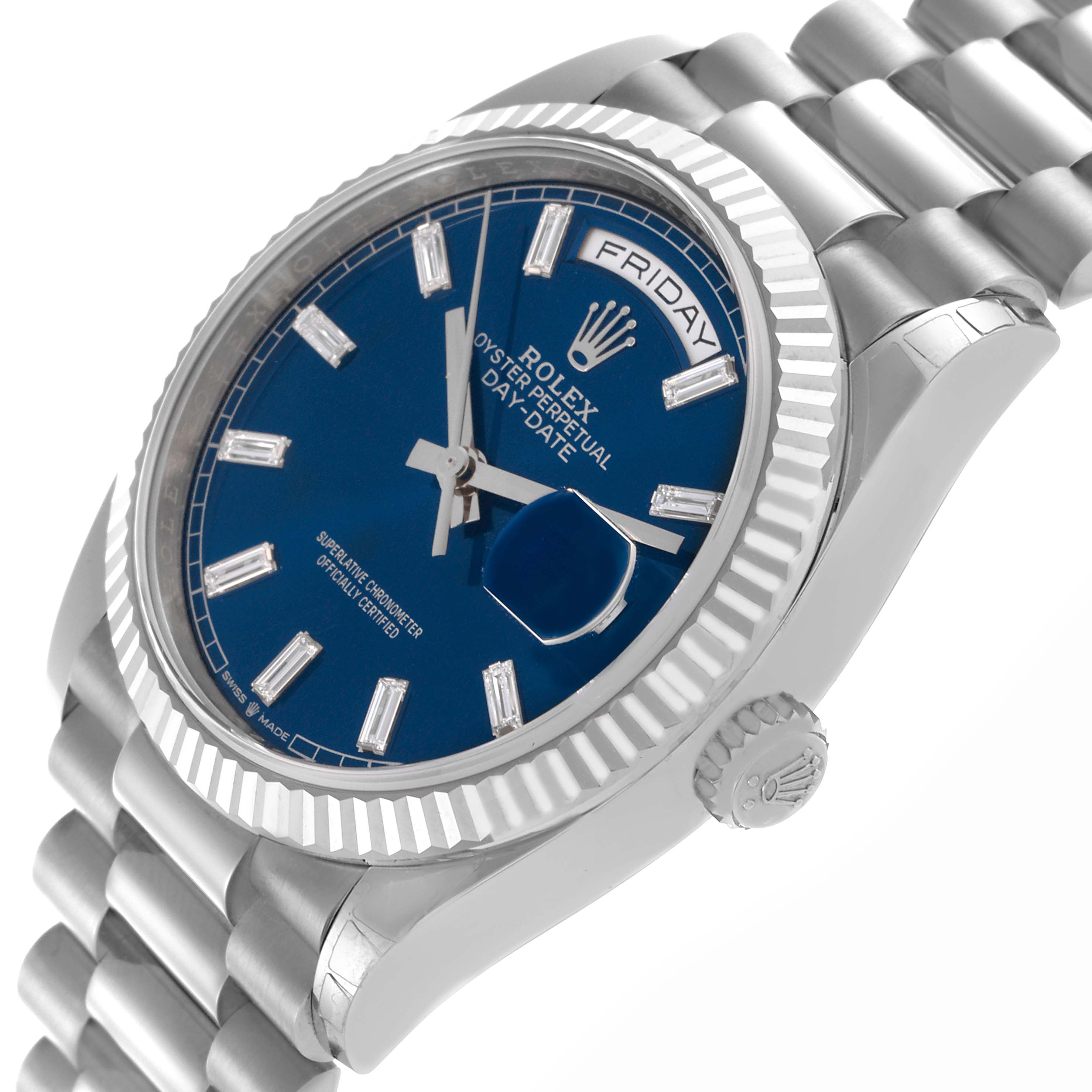 The Rolex President 128239 Men's White Gold Blue Dial 128239 Men's White Gold Blue Dial model is shown at an angle highlighting the dial, fluted bezel, and part of the bracelet.