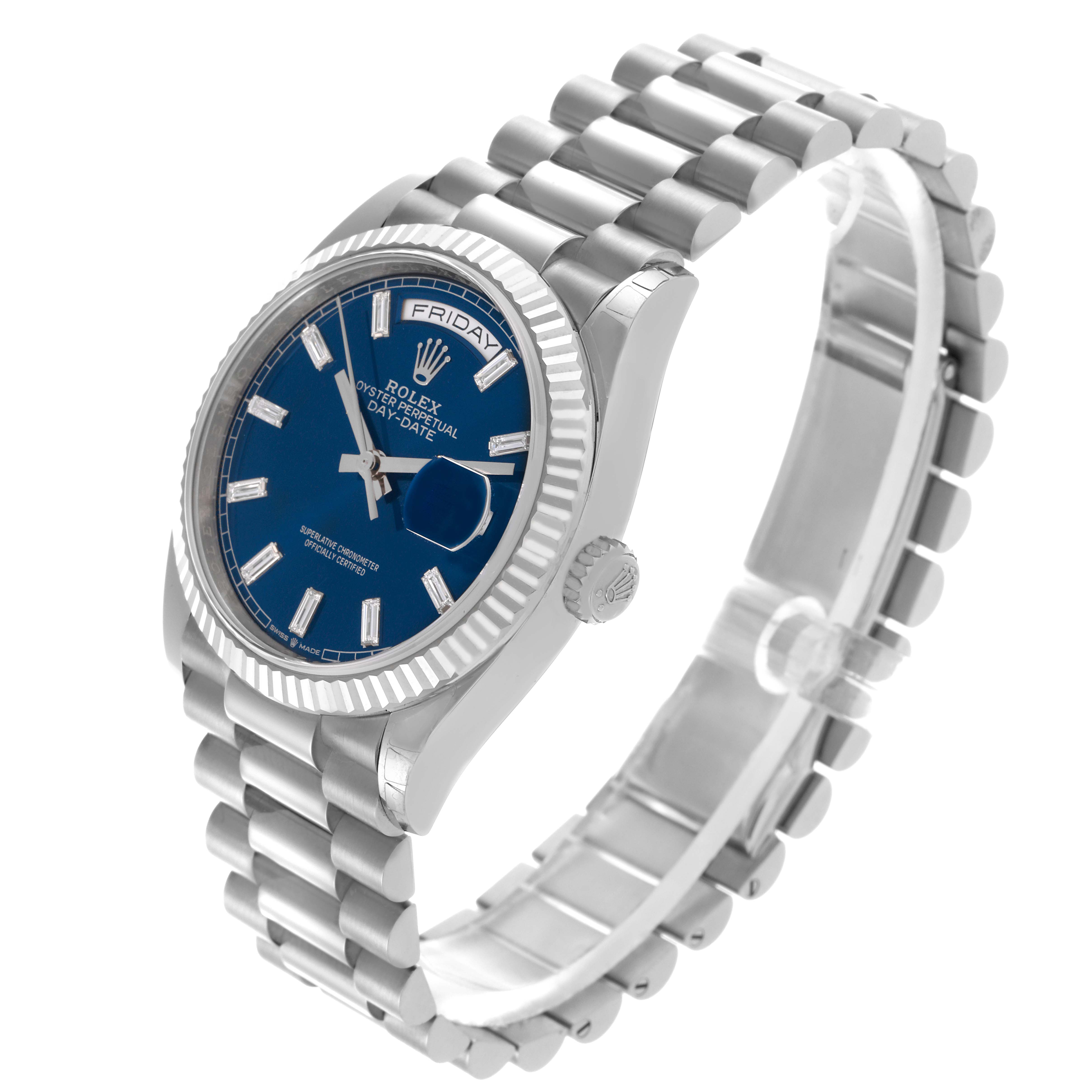 The Rolex President 128239 Men's White Gold Blue Dial 128239 Men's White Gold Blue Dial watch is shown at a three-quarter angle, displaying the face, bezel, crown, and bracelet.
