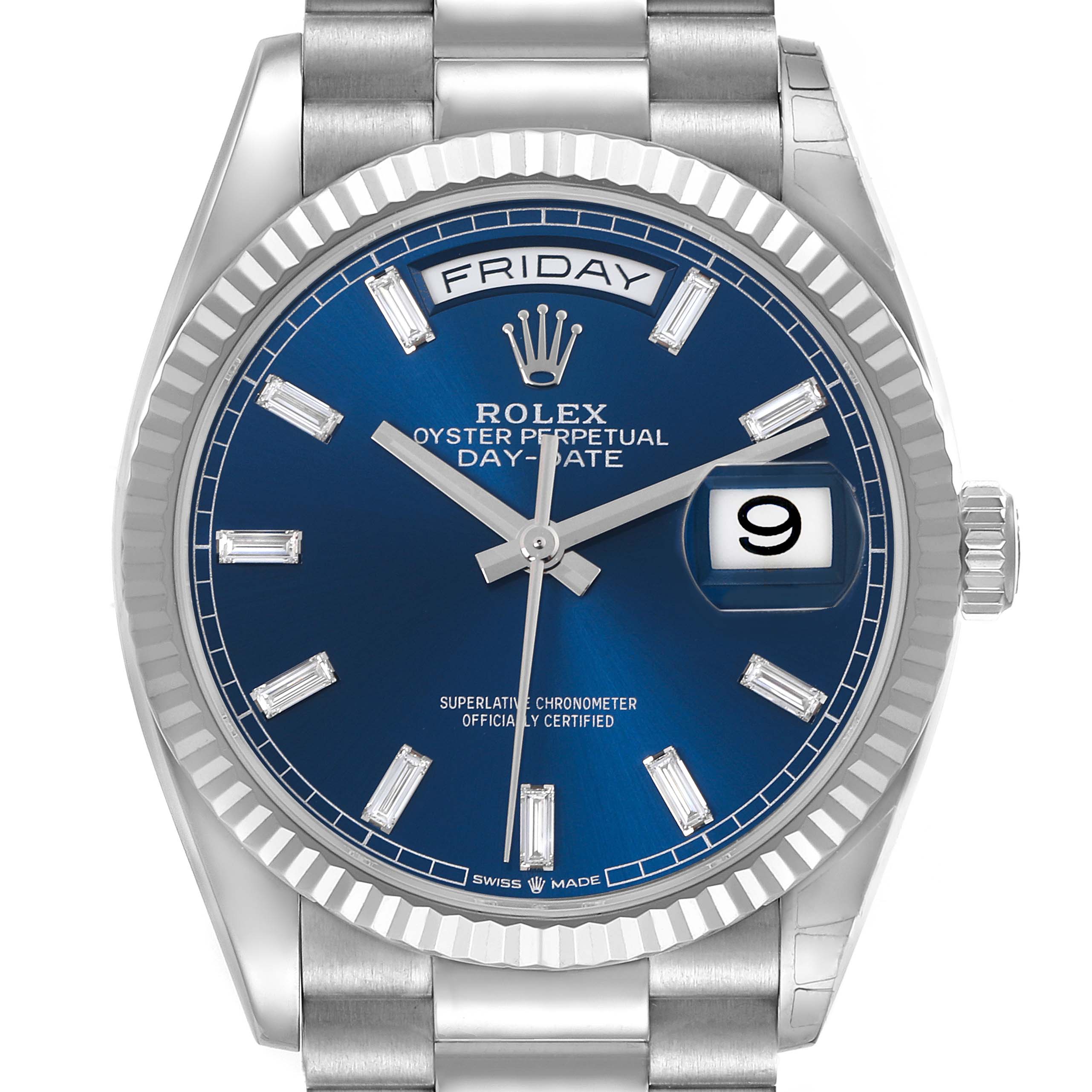 The Rolex President 128239 Men's White Gold Blue Dial 128239 Men's White Gold Blue Dial watch is shown from a frontal angle displaying the blue dial, fluted bezel, day/date windows, and part of the bracelet.