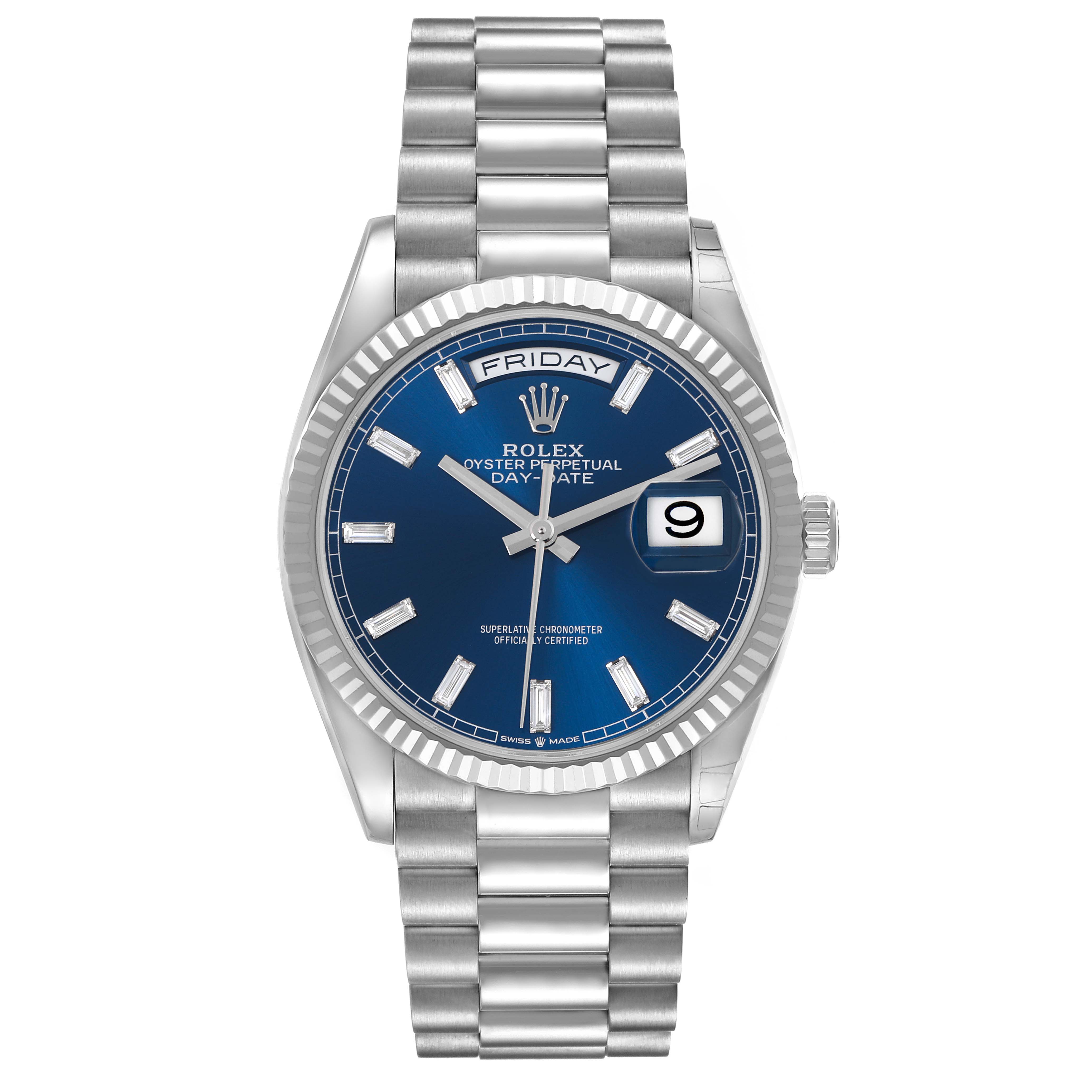 The Rolex President 128239 Men's White Gold Blue Dial 128239 Men's White Gold Blue Dial model is shown front-on, displaying the blue dial, markers, bezel, and metal bracelet.