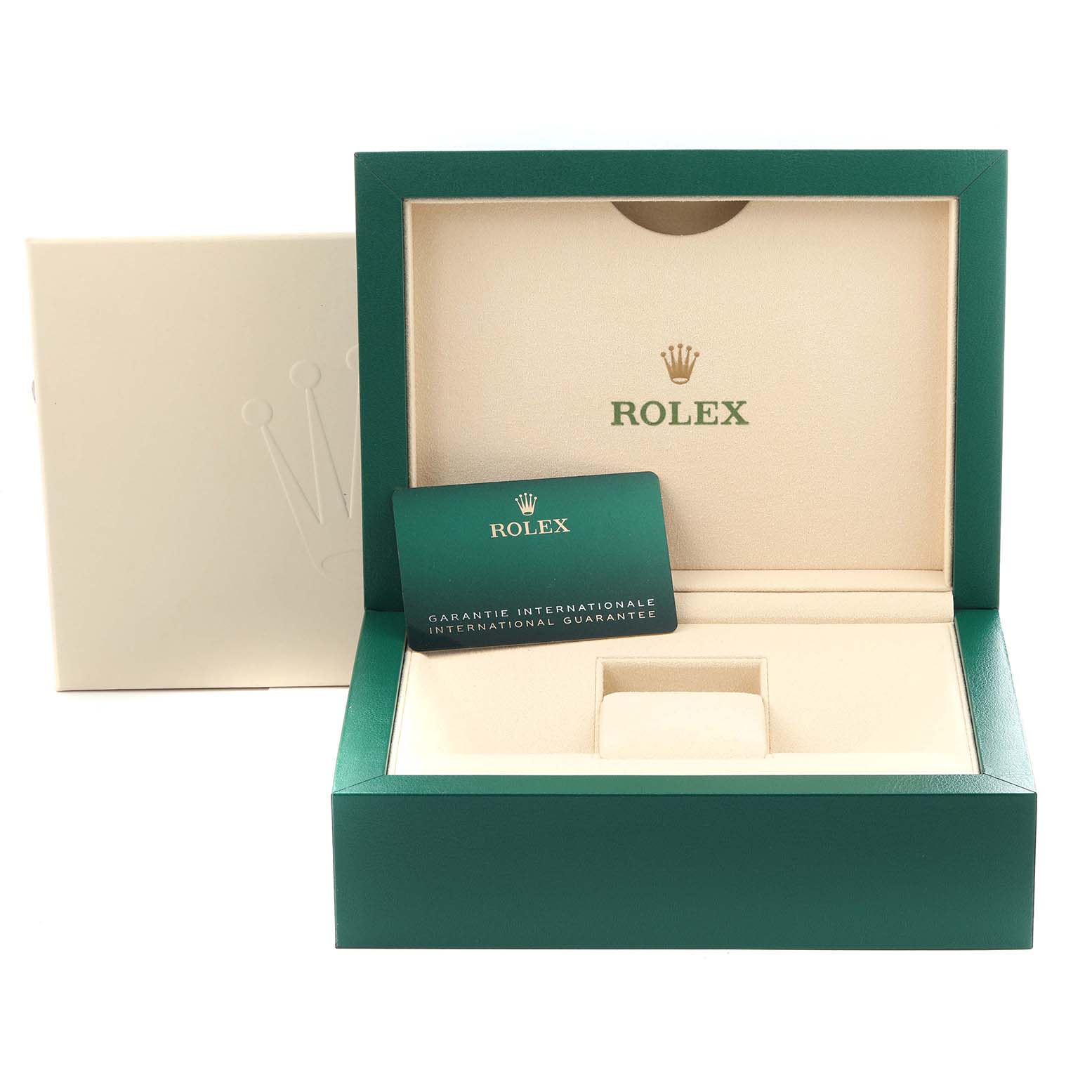The image shows an open Rolex President 128239 Men's White Gold Blue Dial 128239 Men's White Gold Blue Dial watch box with a warranty card inside, viewed from the front angle.