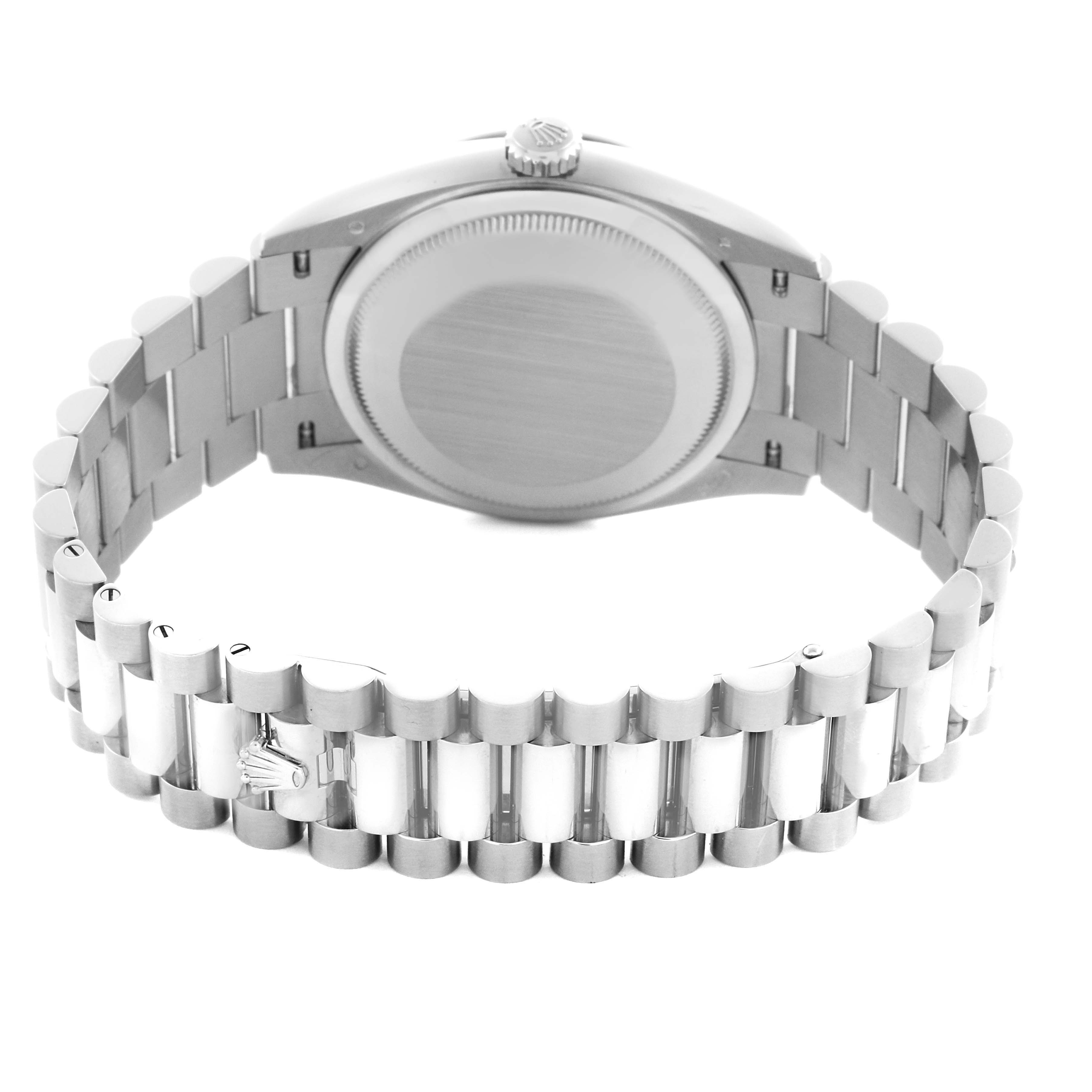 The image shows the back view of a Rolex President 128239 Men's White Gold Blue Dial 128239 Men's White Gold Blue Dial model, highlighting the bracelet and case back.