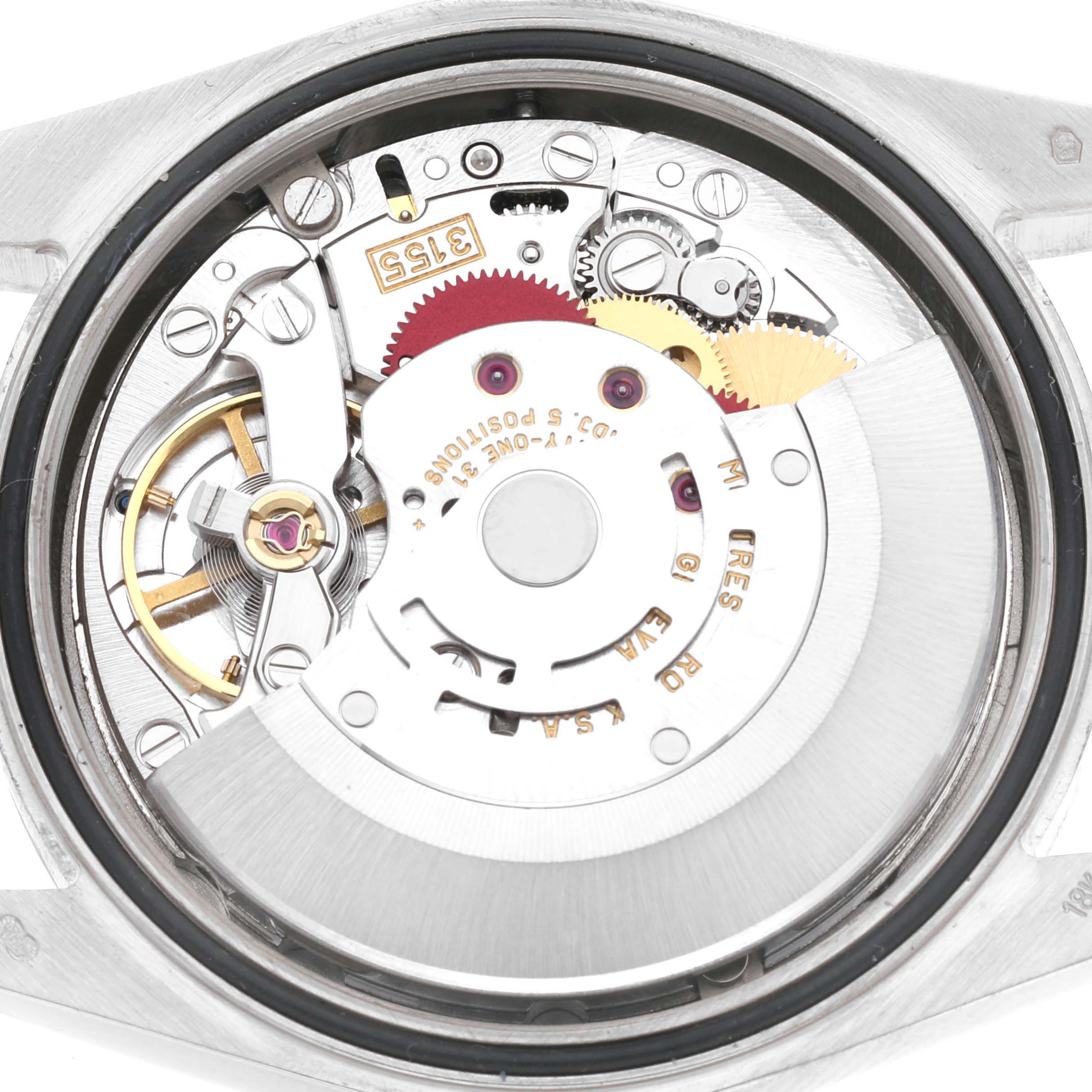 This image shows the internal mechanical components of a Rolex President 118209 Men's White Gold Silver Dial 118209 Men's White Gold Silver Dial model watch from a top-down angle.