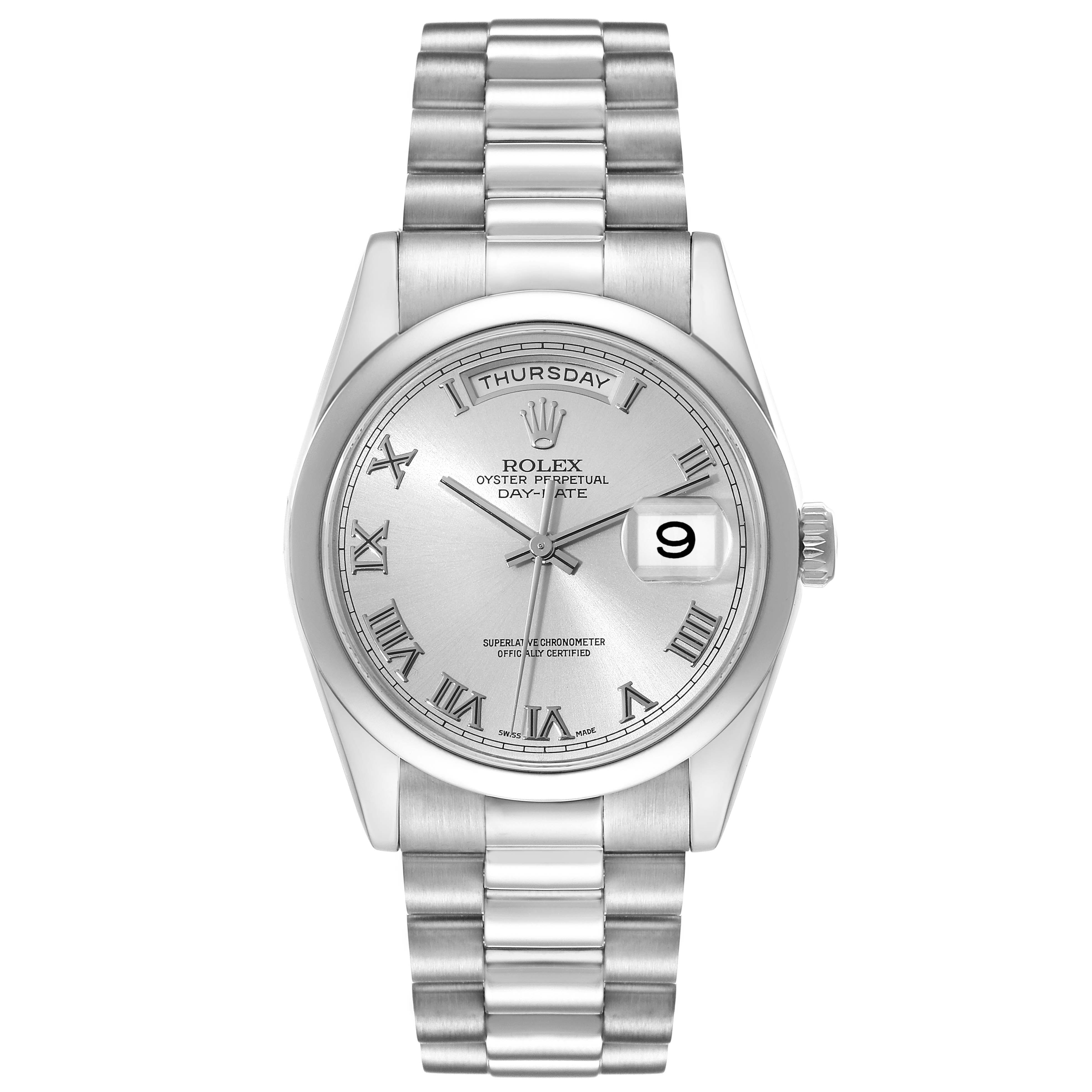 This image shows a front view of the Rolex President 118209 Men's White Gold Silver Dial 118209 Men's White Gold Silver Dial model watch, displaying its face, bracelet, and crown.