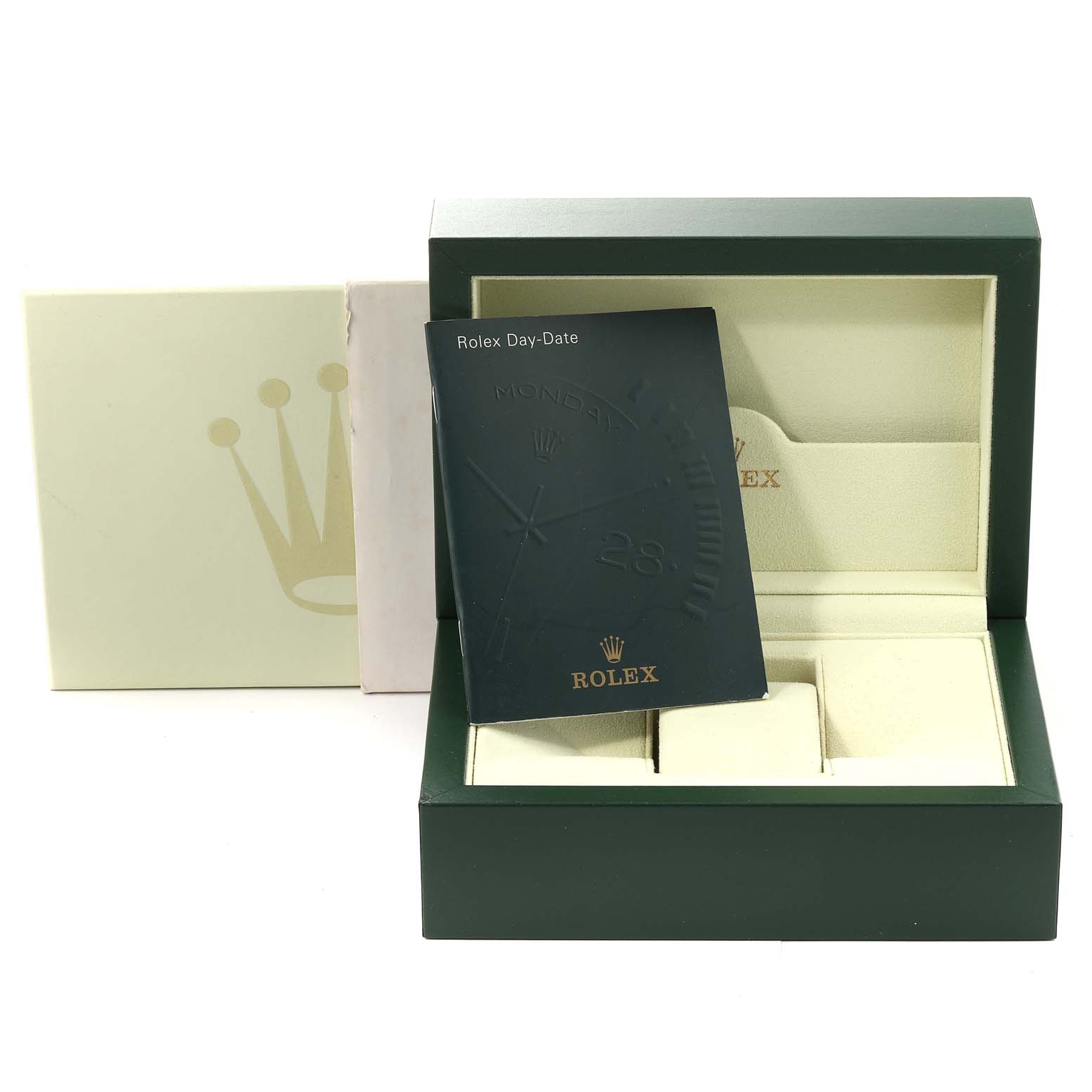 This image shows a Rolex President 118209 Men's White Gold Silver Dial 118209 Men's White Gold Silver Dial watch box at an angle with its instruction manual displayed inside.