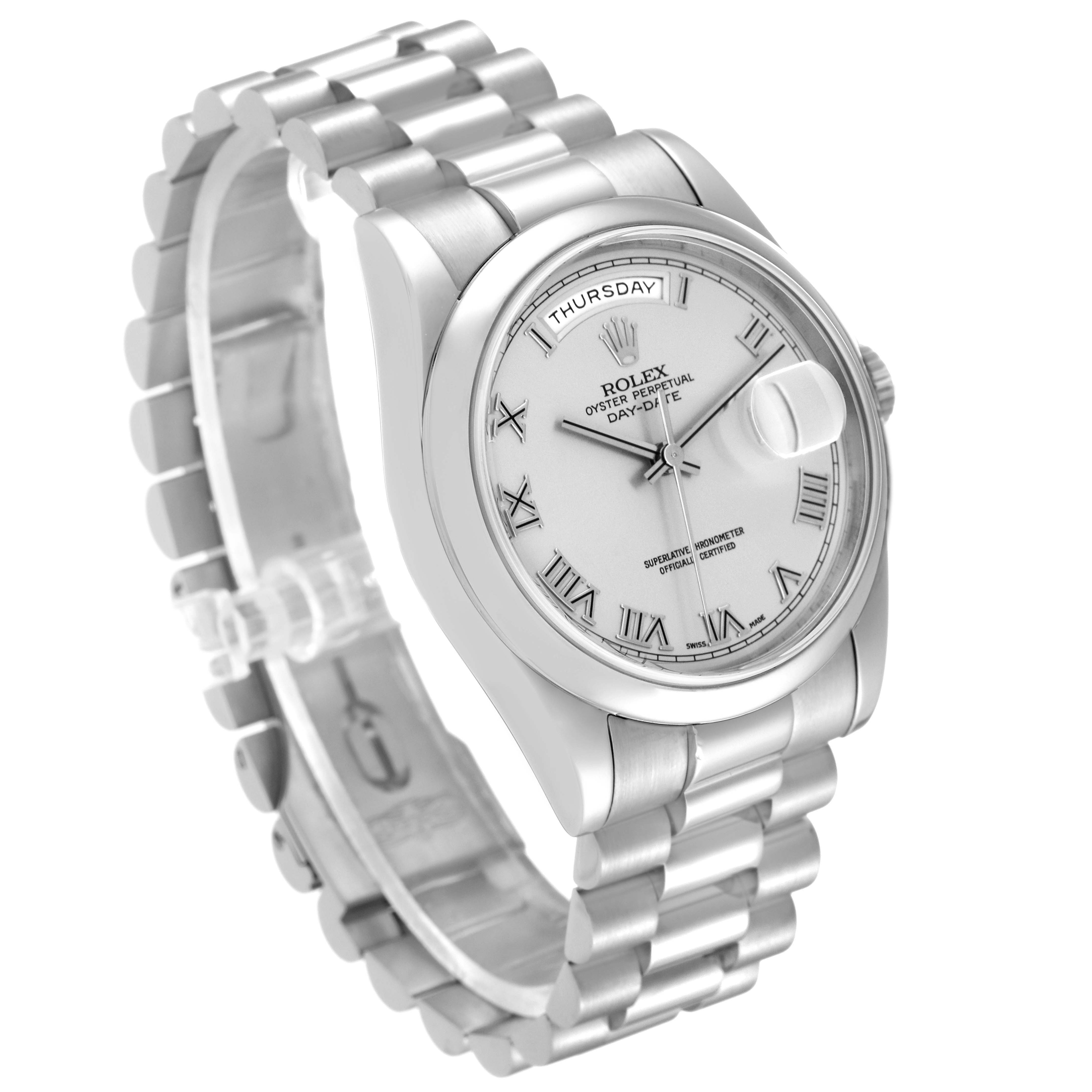 The Rolex President 118209 Men's White Gold Silver Dial 118209 Men's White Gold Silver Dial model watch is shown at a three-quarter angle revealing the face, bezel, crown, and bracelet.