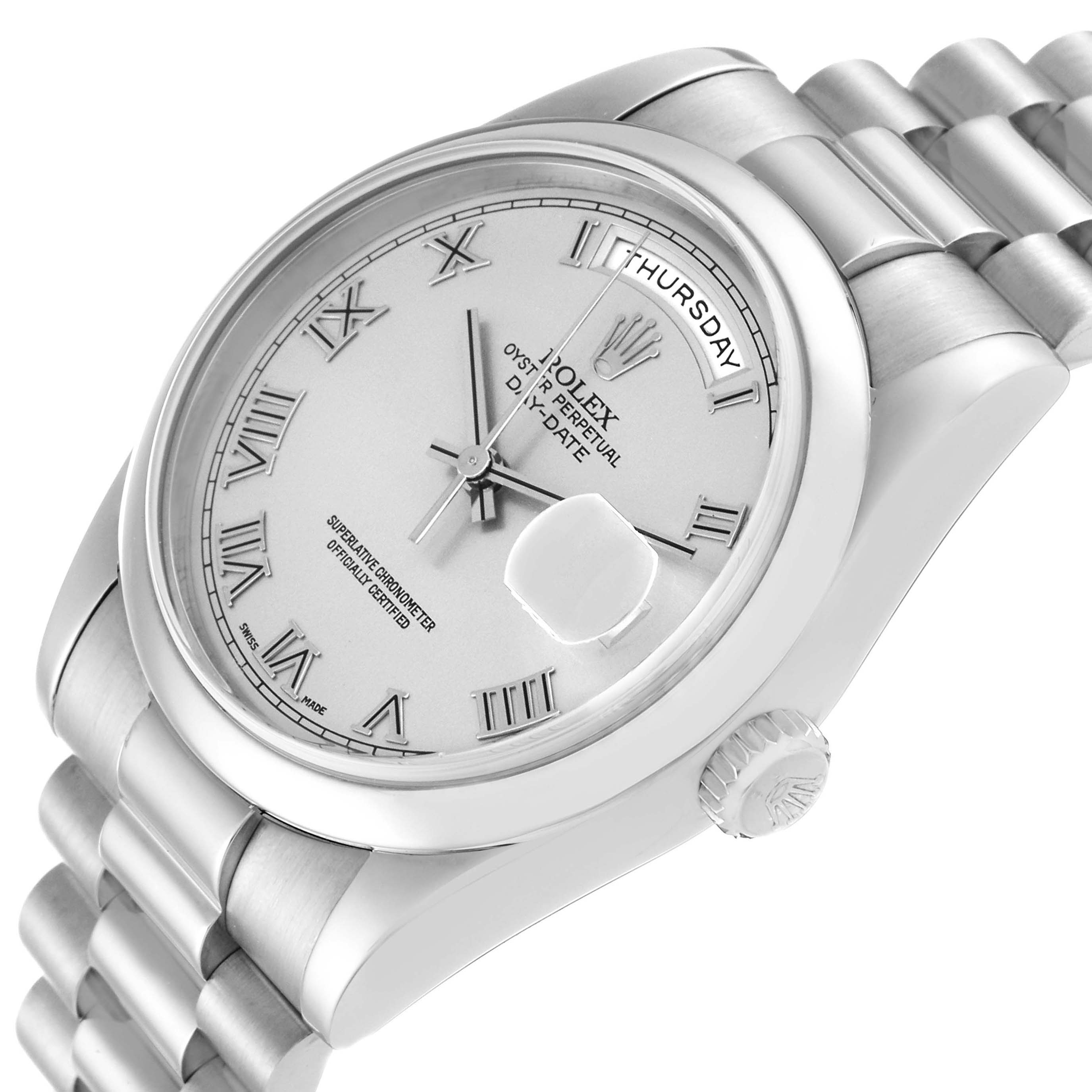 The Rolex President 118209 Men's White Gold Silver Dial 118209 Men's White Gold Silver Dial model watch is shown at an angled view, displaying its dial, bracelet, and crown.
