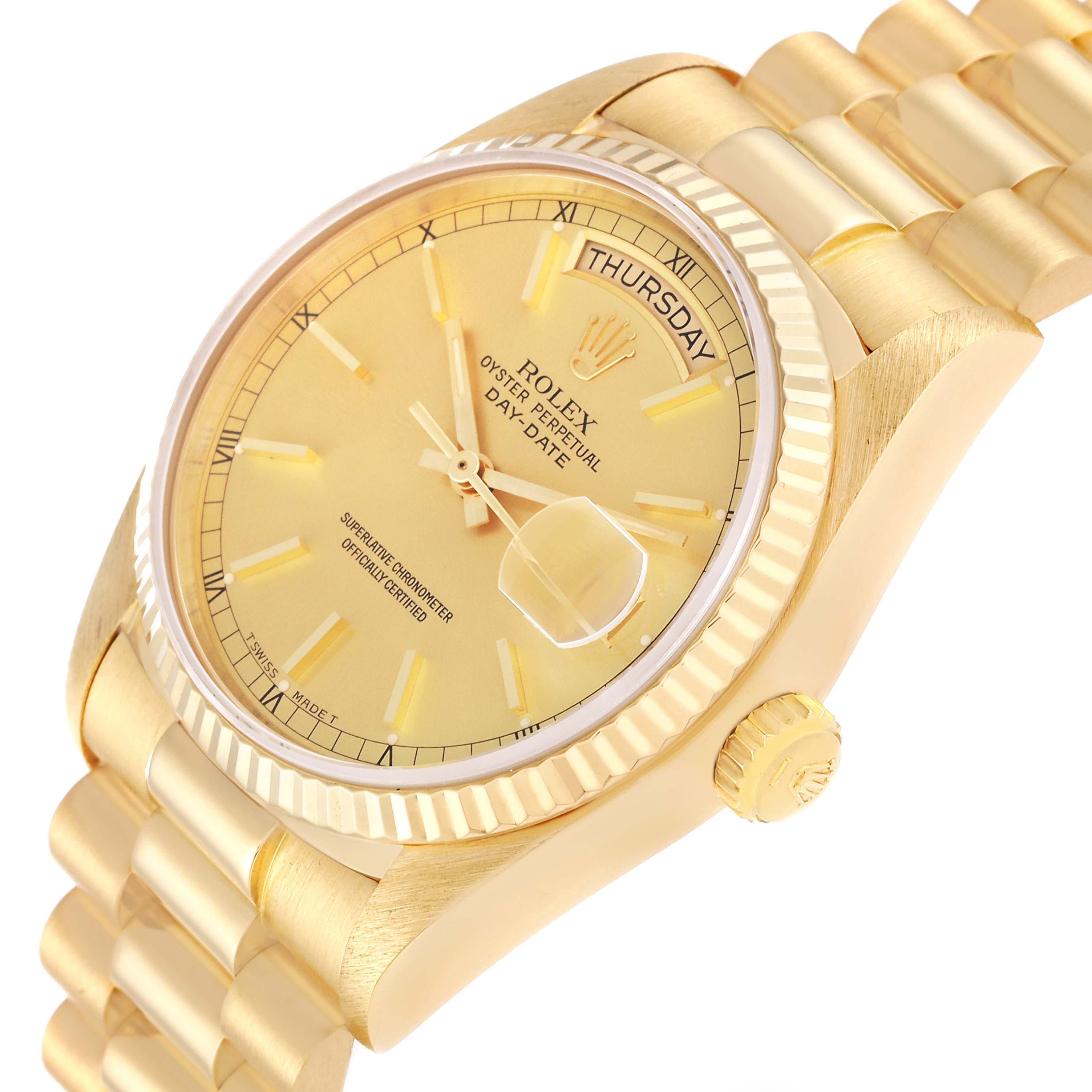 The image shows a close-up angle of a Rolex President 18038 Men
s Yellow Gold Champagne Dial 18038 Men
s Yellow Gold Champagne Dial model watch, highlighting its gold dial, bracelet, bezel, and crown.