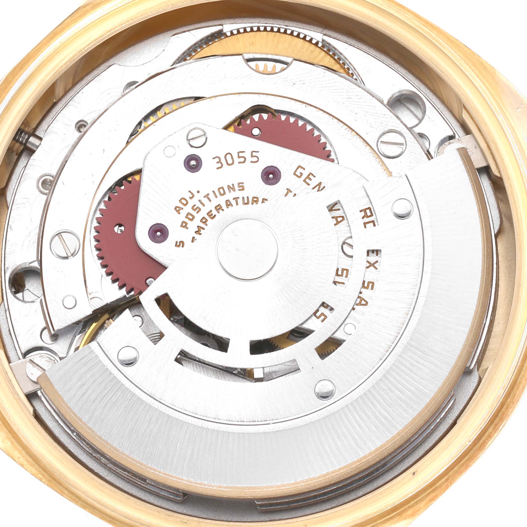 This image shows the internal mechanical movement of a Rolex President 18038 Men
s Yellow Gold Champagne Dial 18038 Men
s Yellow Gold Champagne Dial model watch, viewed from the back.
