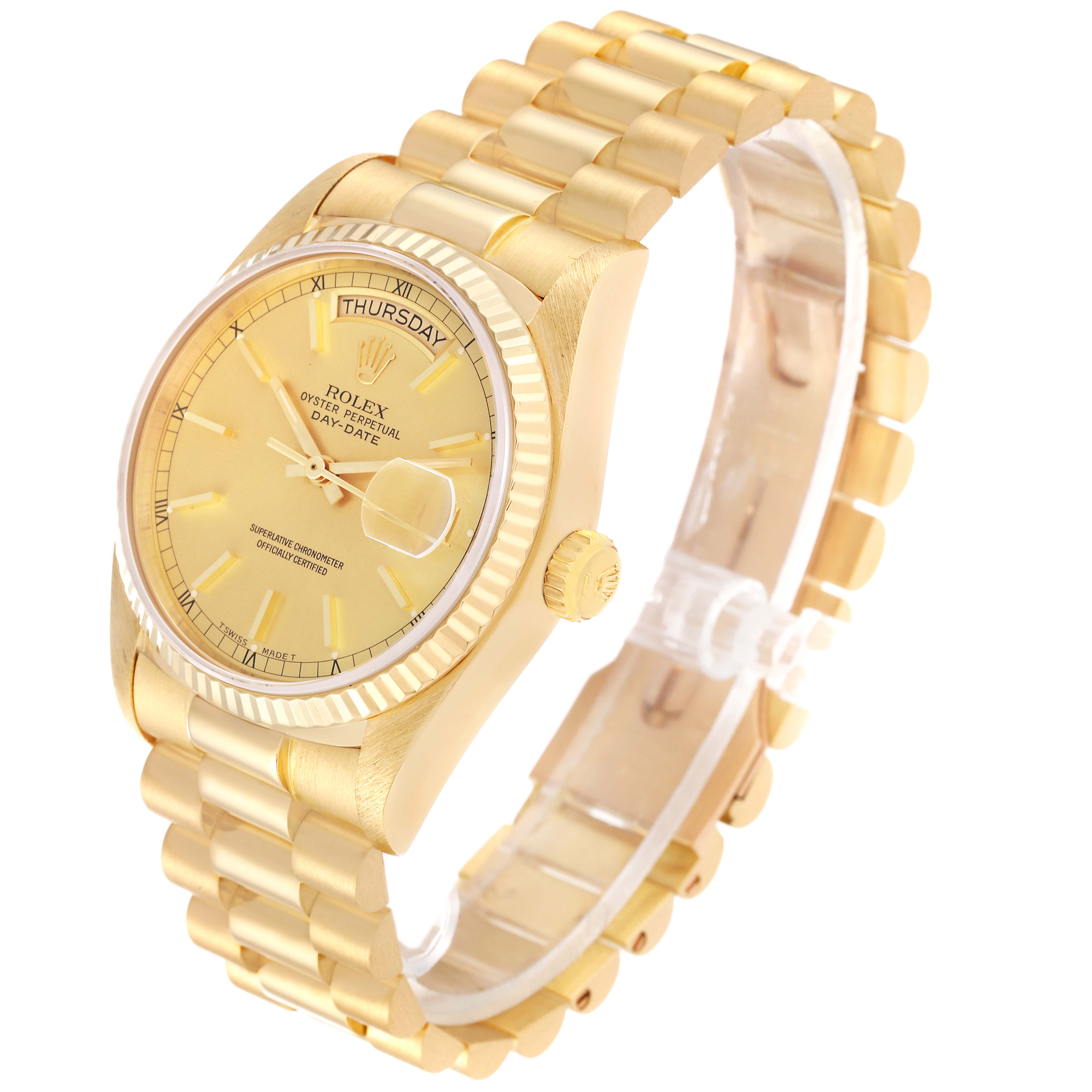 This image shows a Rolex President 18038 Men
s Yellow Gold Champagne Dial 18038 Men
s Yellow Gold Champagne Dial model watch at an angled view, highlighting the face, bracelet, and crown.