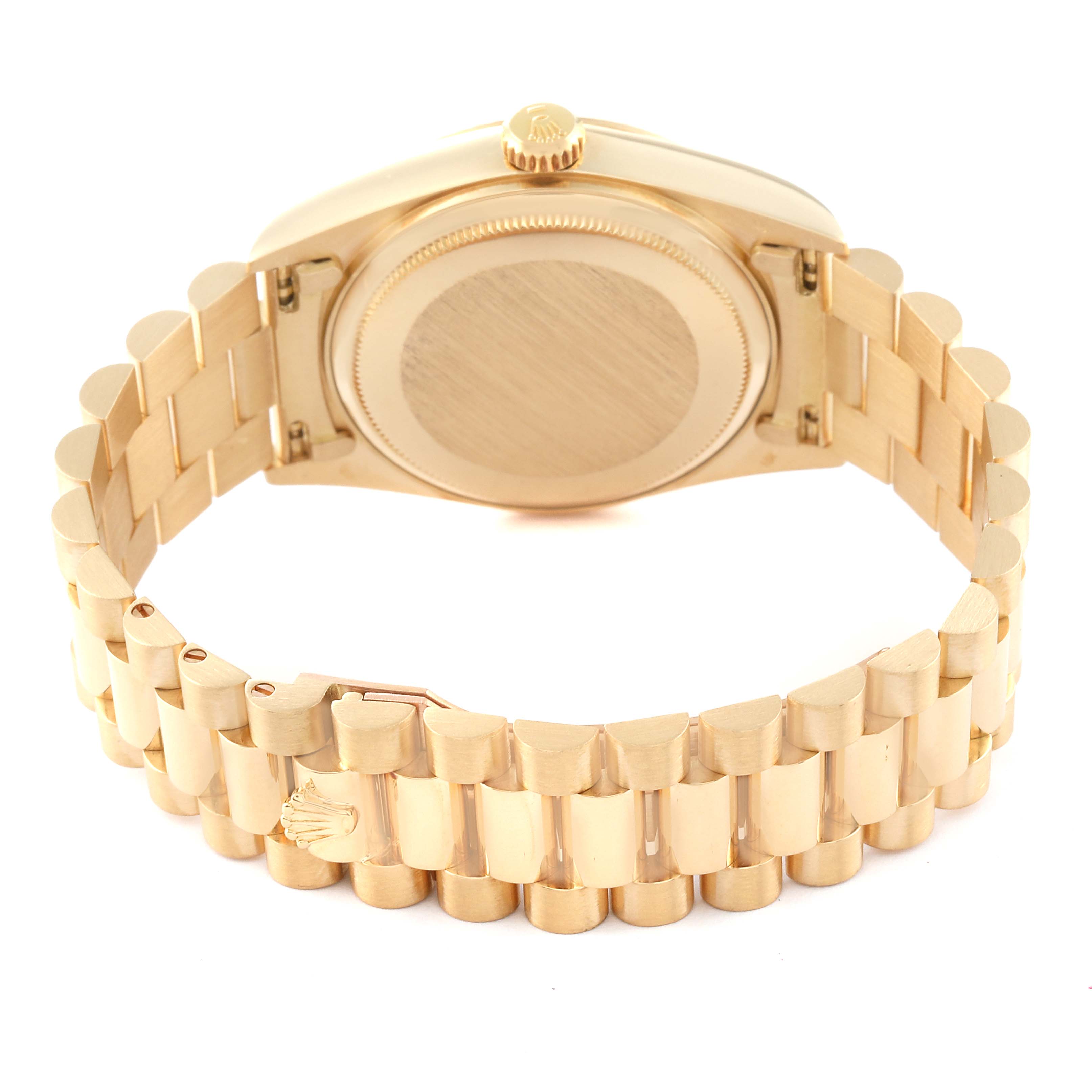 The image shows the back case and bracelet of a Rolex President 18038 Men
s Yellow Gold Champagne Dial 18038 Men
s Yellow Gold Champagne Dial model watch from a rear angle.