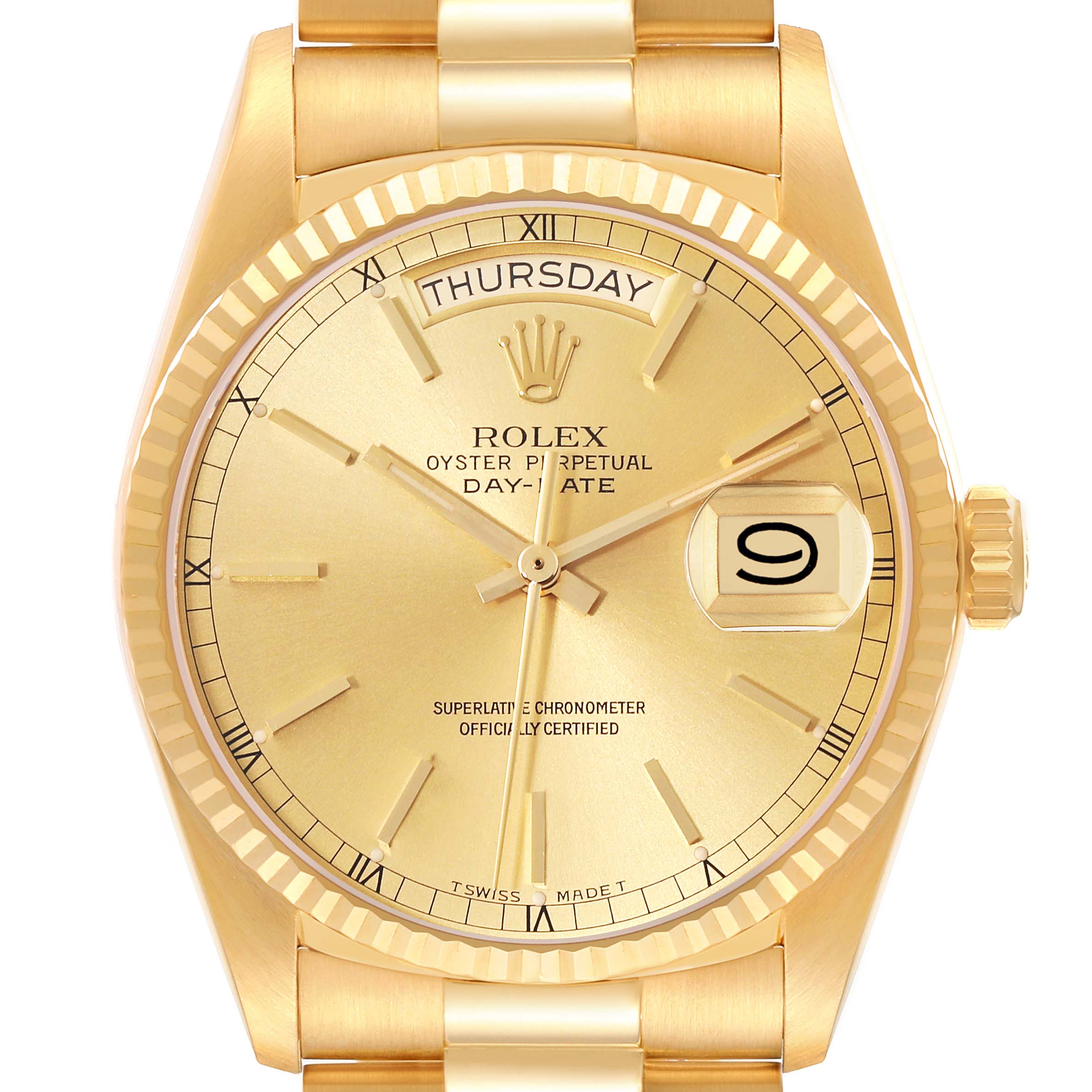 The Rolex President 18038 Men
s Yellow Gold Champagne Dial 18038 Men
s Yellow Gold Champagne Dial model watch is shown from the front, displaying the dial, hands, day, and date features.