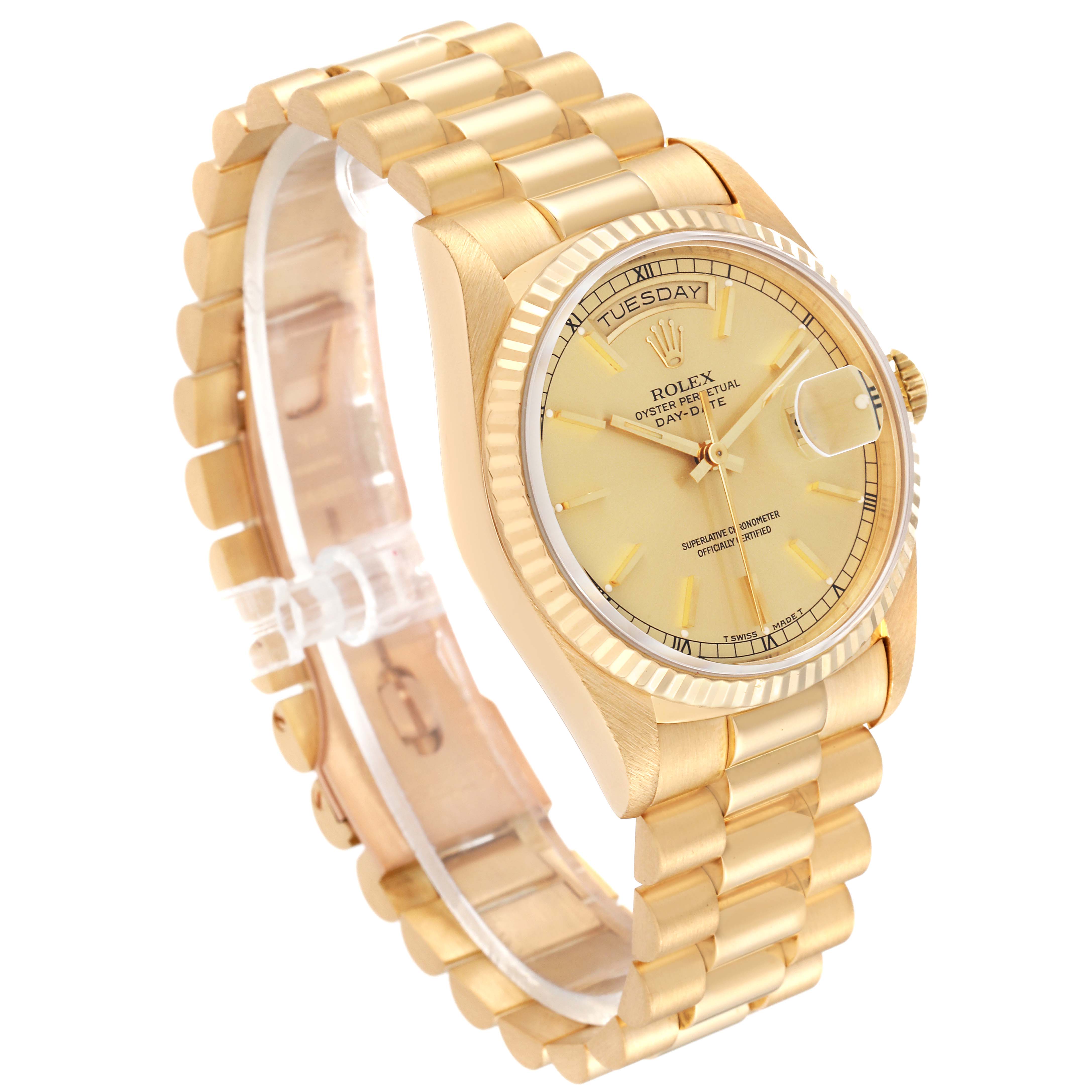 The image shows a Rolex President 18238 Men
s Yellow Gold Champagne Dial 18238 Men
s Yellow Gold Champagne Dial model watch at a three-quarter angle, highlighting the bracelet, face, and bezel.