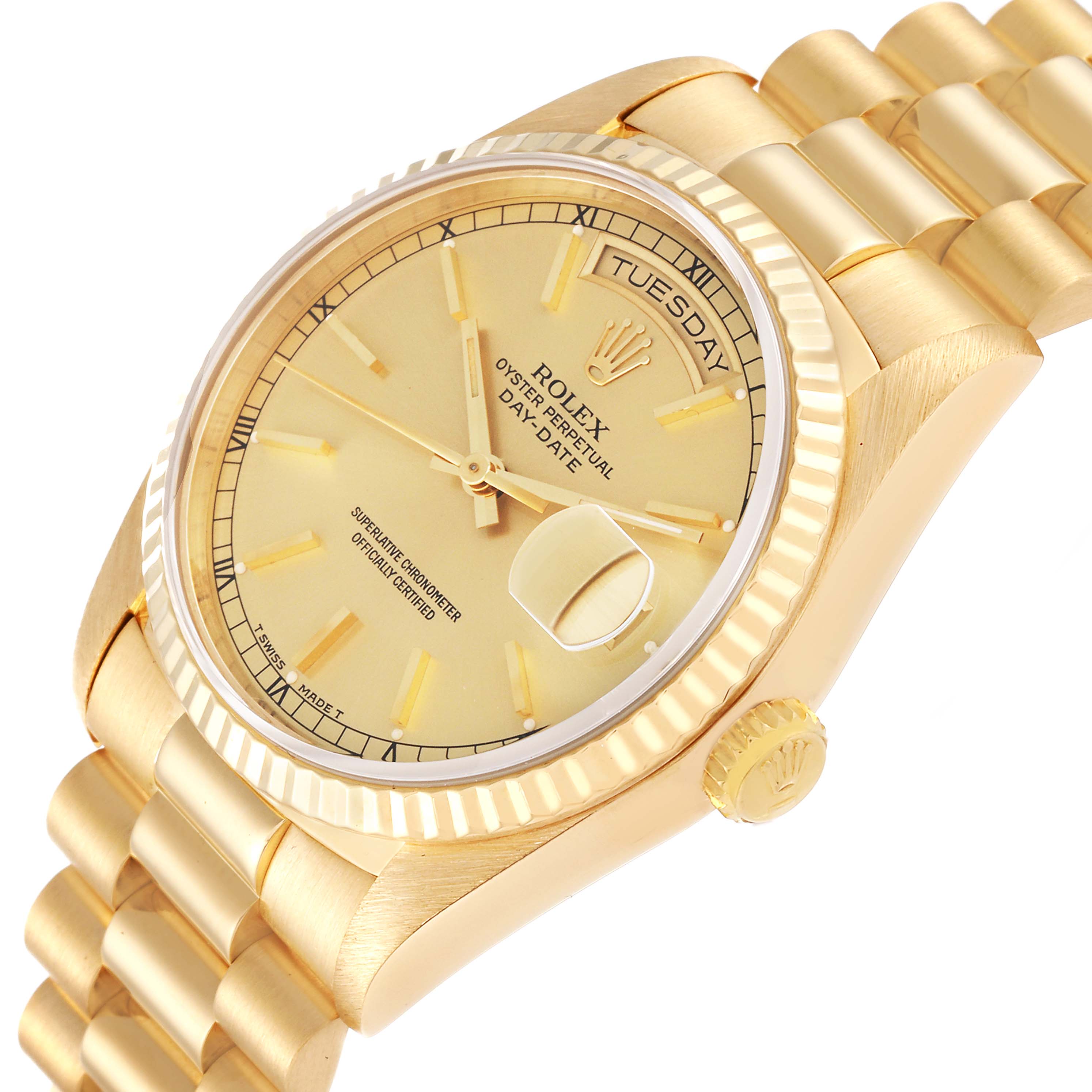 The image shows a close-up angled view of the dial, bezel, and part of the bracelet of a Rolex President 18238 Men
s Yellow Gold Champagne Dial 18238 Men
s Yellow Gold Champagne Dial model watch.