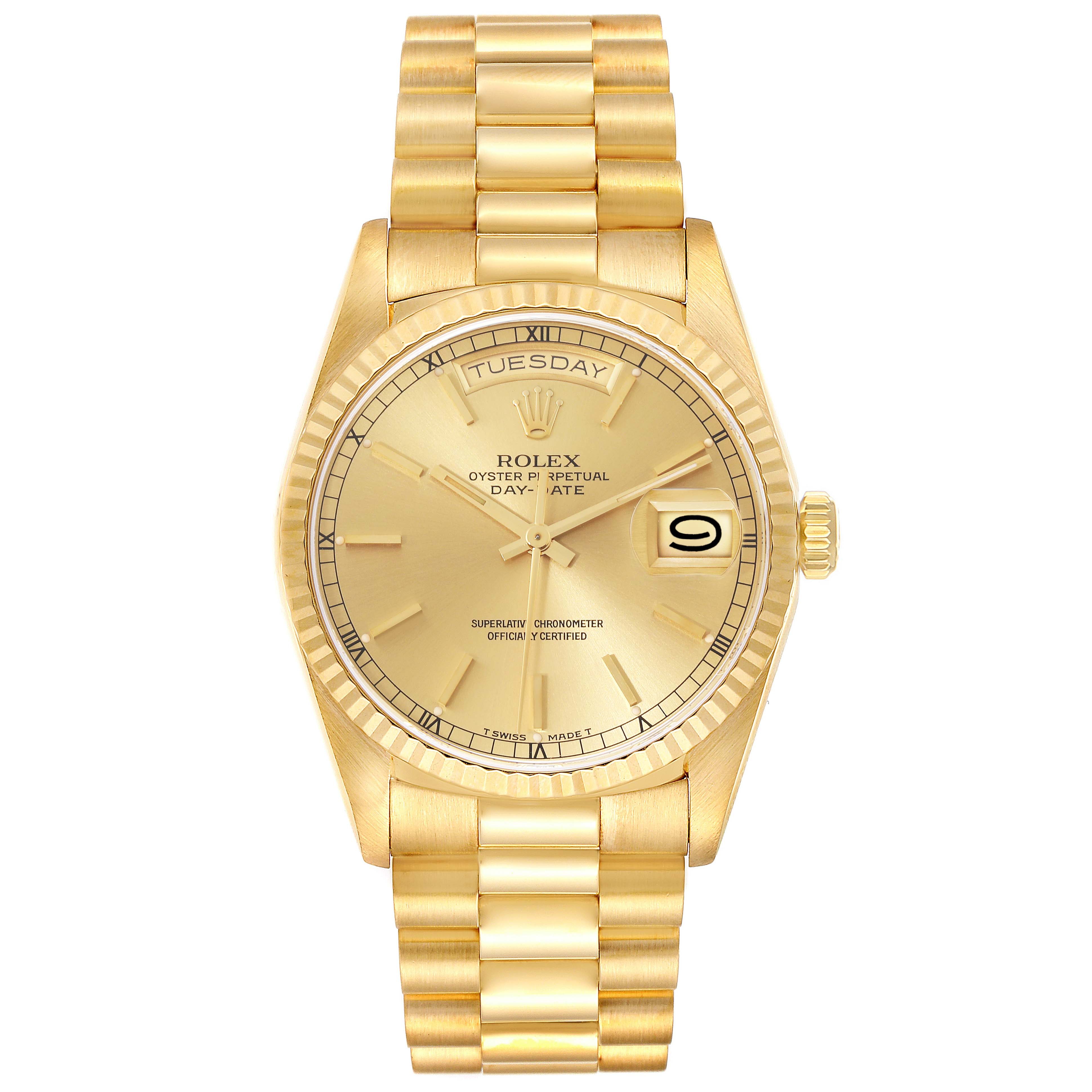 The Rolex President 18238 Men
s Yellow Gold Champagne Dial 18238 Men
s Yellow Gold Champagne Dial model watch is shown from a front angle, displaying the face, bezel, and bracelet.