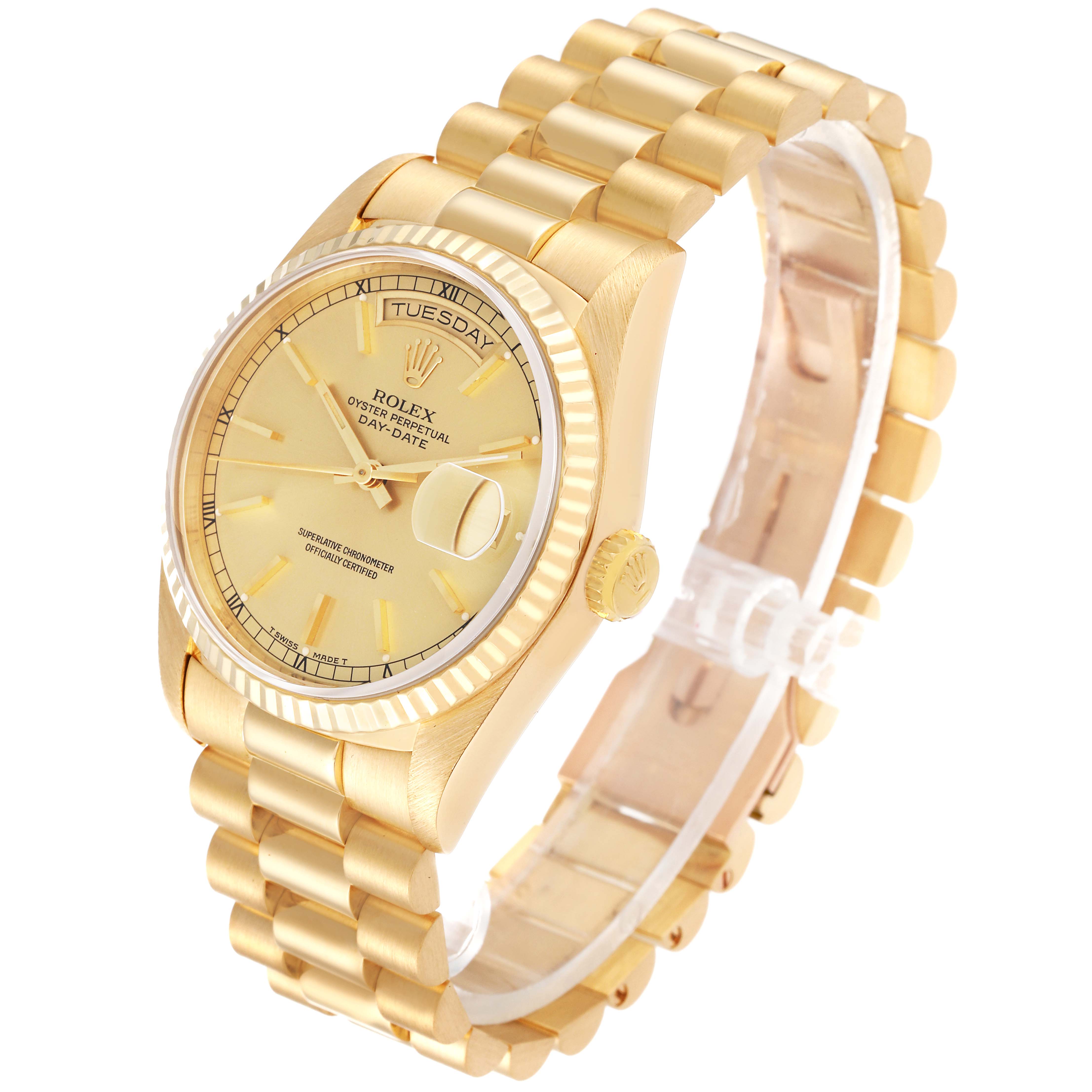 This is a Rolex President 18238 Men
s Yellow Gold Champagne Dial 18238 Men
s Yellow Gold Champagne Dial model watch shown in a three-quarter view, displaying the bezel, dial, and bracelet.