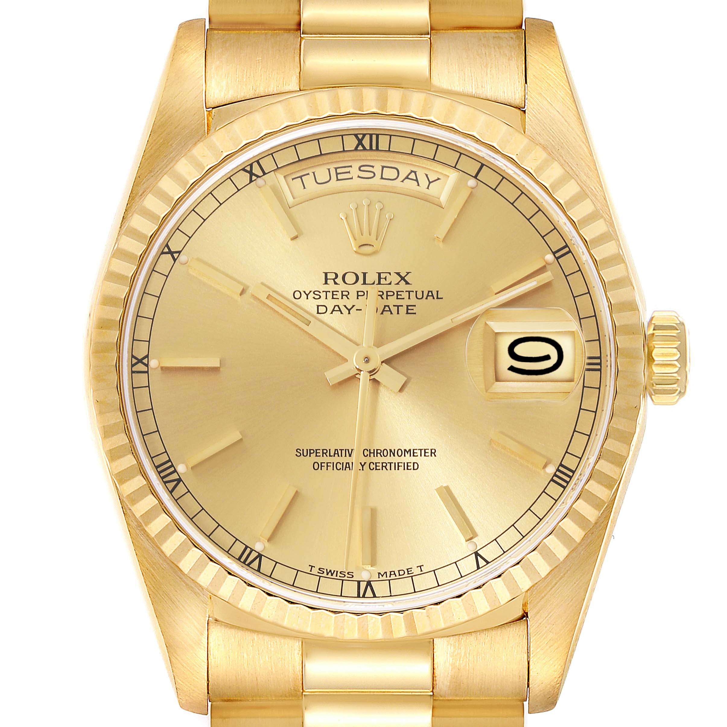 The image shows a frontal close-up view of the Rolex President 18238 Men
s Yellow Gold Champagne Dial 18238 Men
s Yellow Gold Champagne Dial model watch, highlighting its face, dial, and bezel.