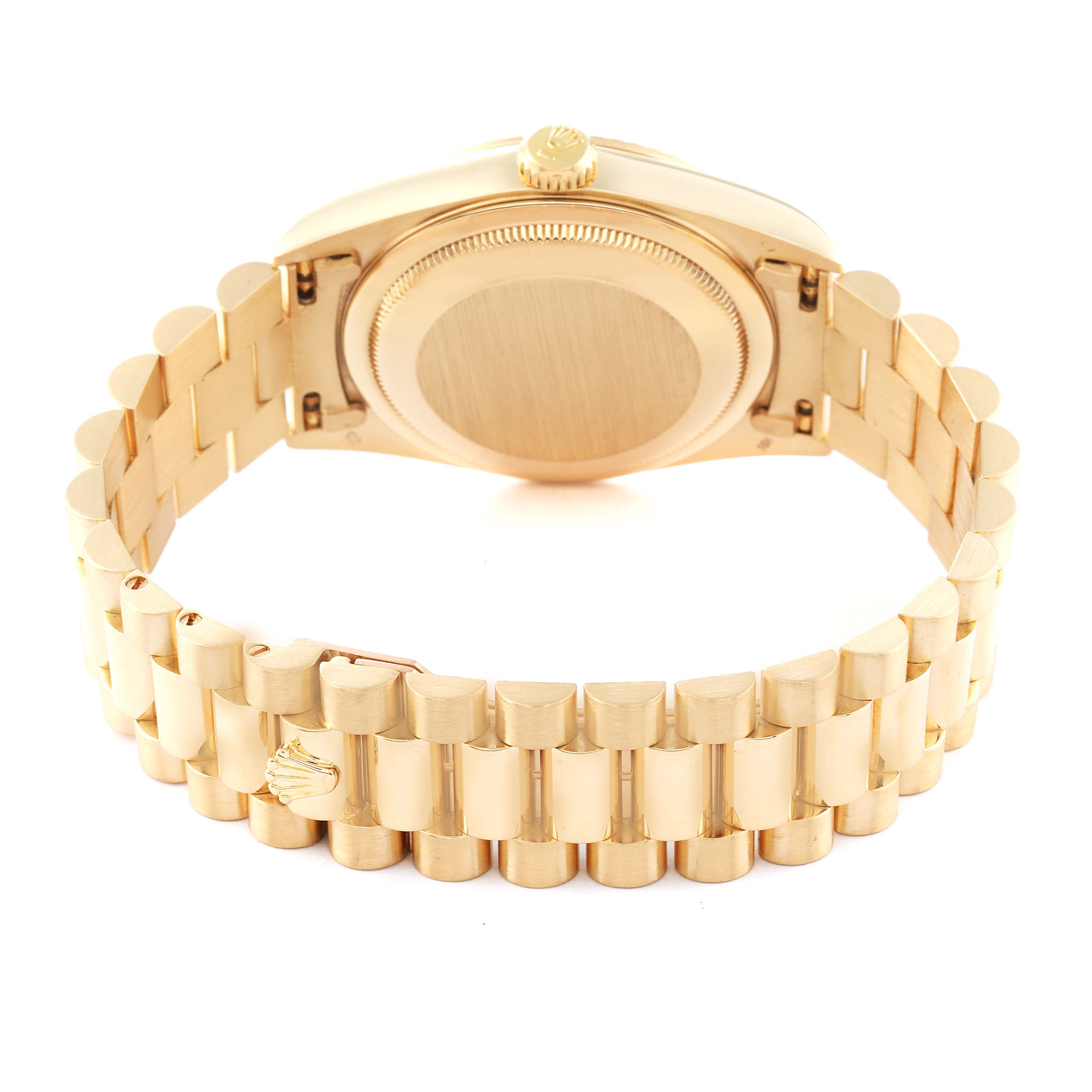 This image shows the back view of a Rolex President 18238 Men
s Yellow Gold Champagne Dial 18238 Men
s Yellow Gold Champagne Dial model watch, highlighting its bracelet and case back.
