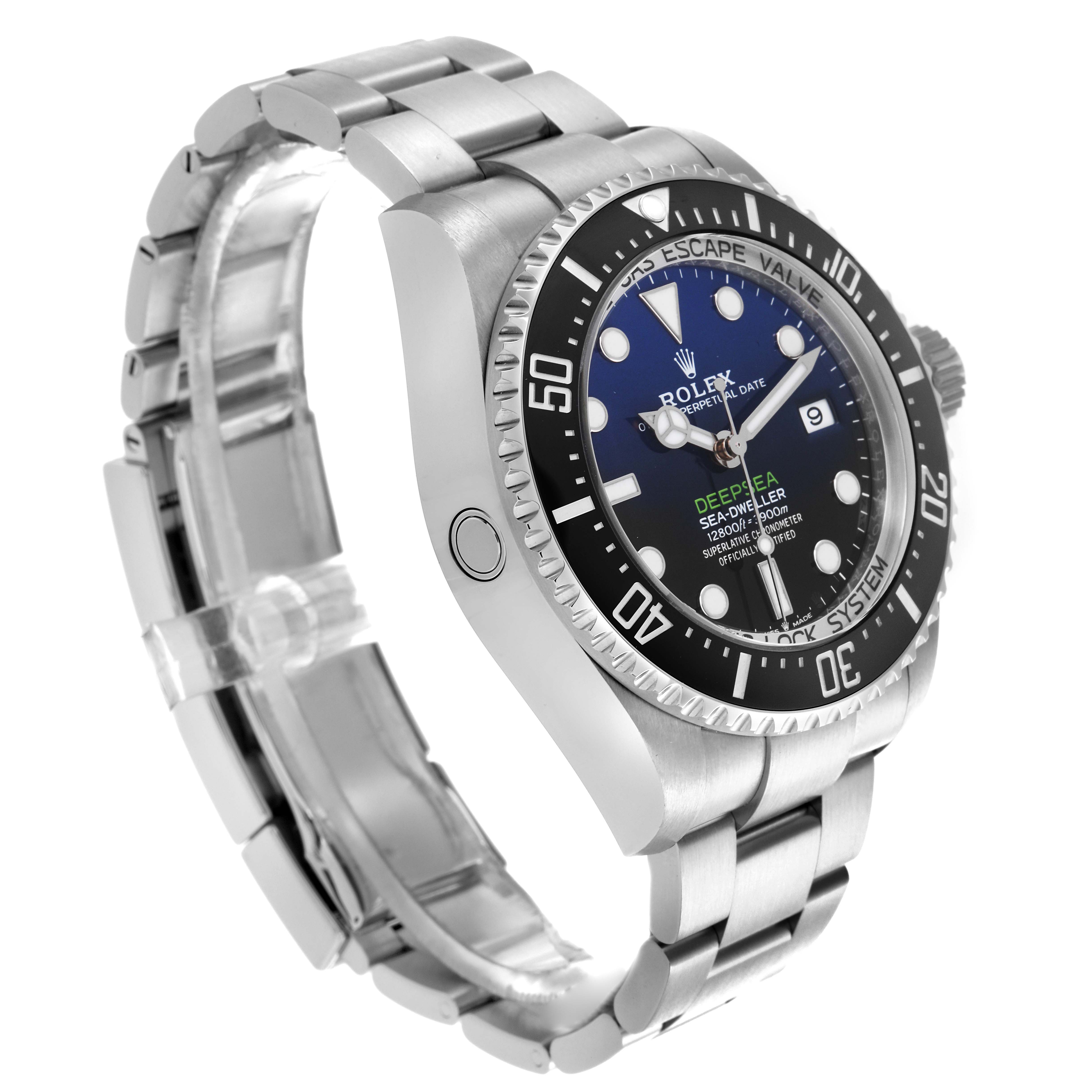 The Rolex Sea-Dweller M136660-0005 Men's Stainless Steel Blue Dial M136660-0005 Men's Stainless Steel Blue Dial watch is shown at an angle highlighting the face, bezel, and bracelet links.