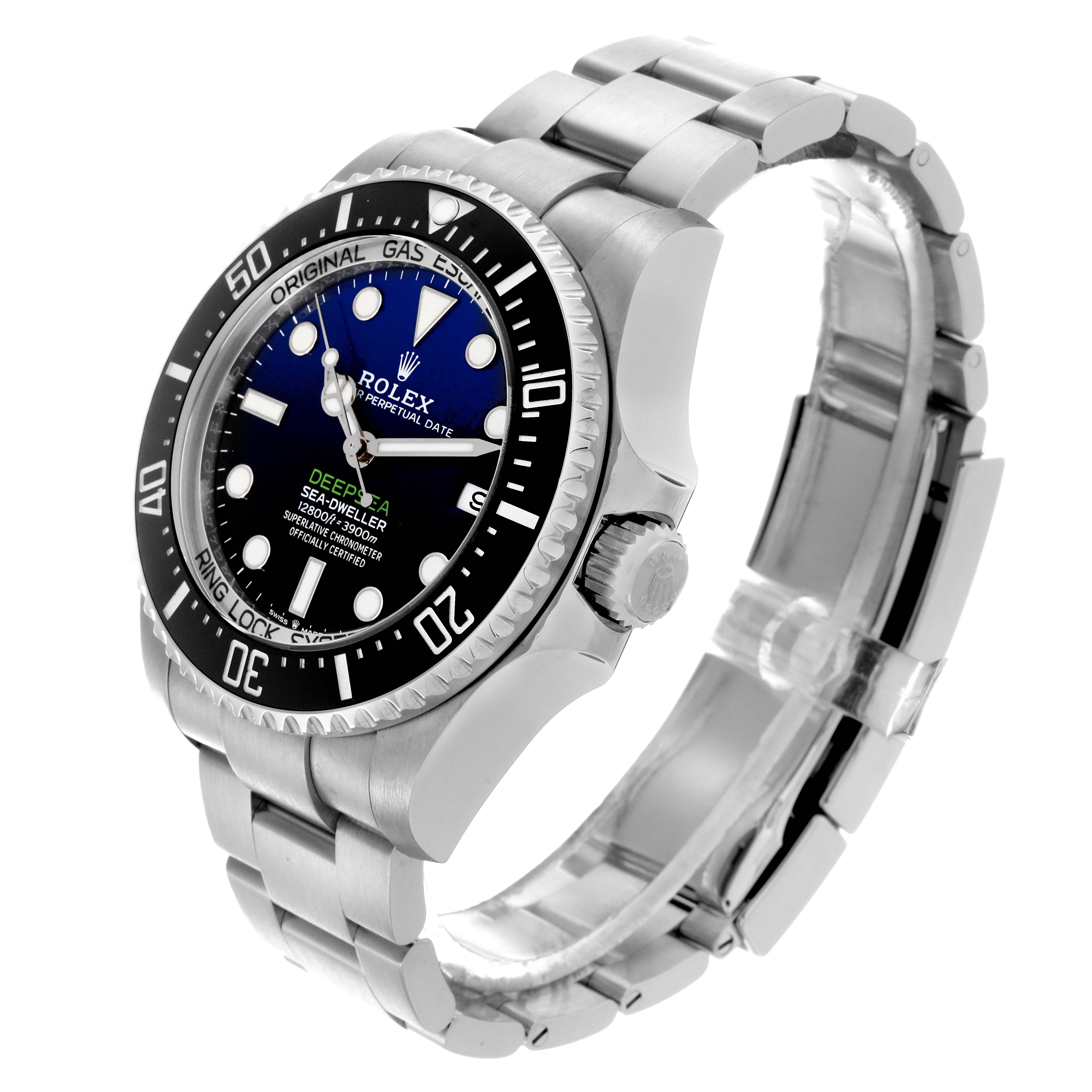 The Rolex Sea-Dweller M136660-0005 Men's Stainless Steel Blue Dial M136660-0005 Men's Stainless Steel Blue Dial watch is shown at a three-quarter angle, displaying the face, bezel, crown, and bracelet.