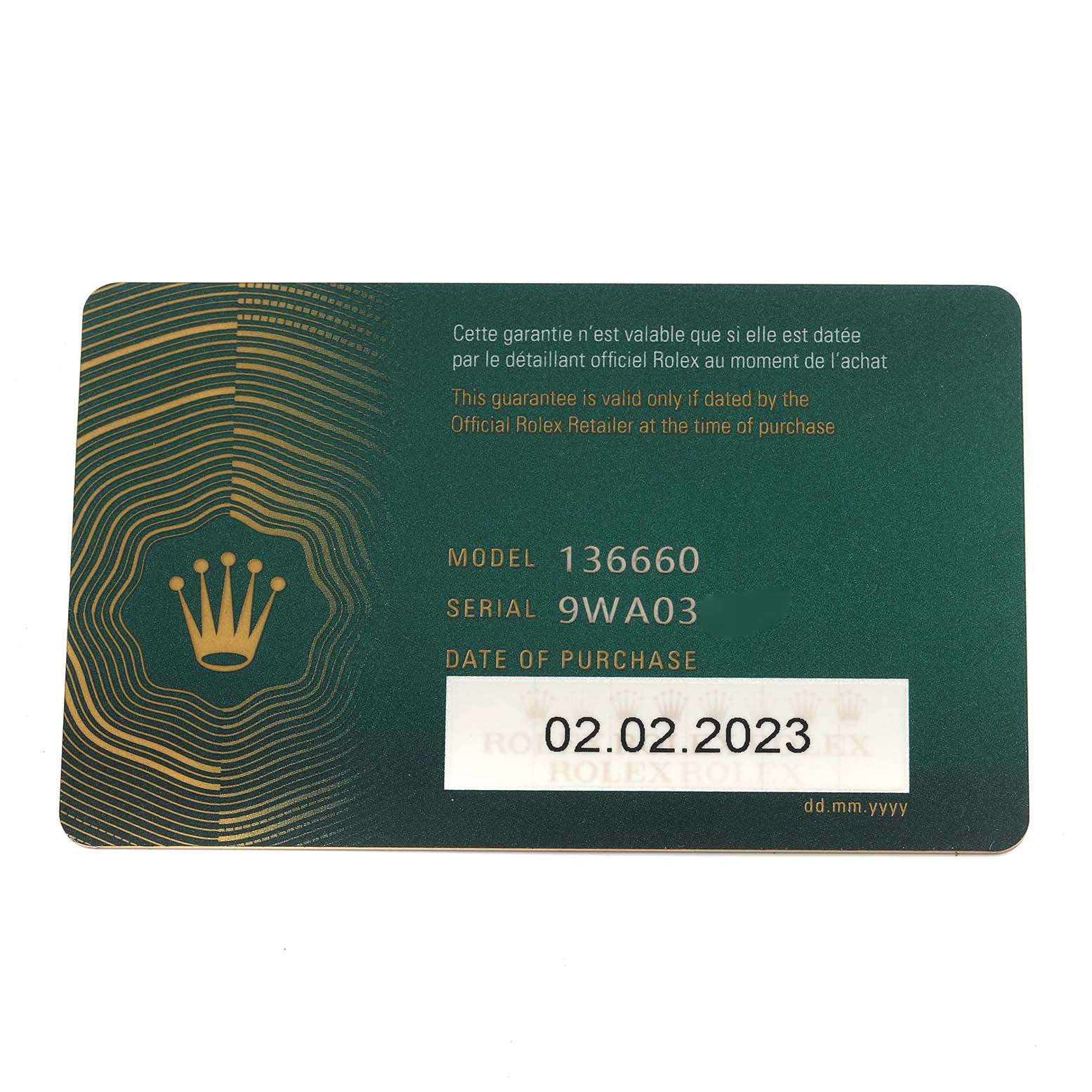 The image shows a Rolex Sea-Dweller M136660-0005 Men's Stainless Steel Blue Dial M136660-0005 Men's Stainless Steel Blue Dial model 136660 guarantee card, displaying details like model, serial number, and purchase date.