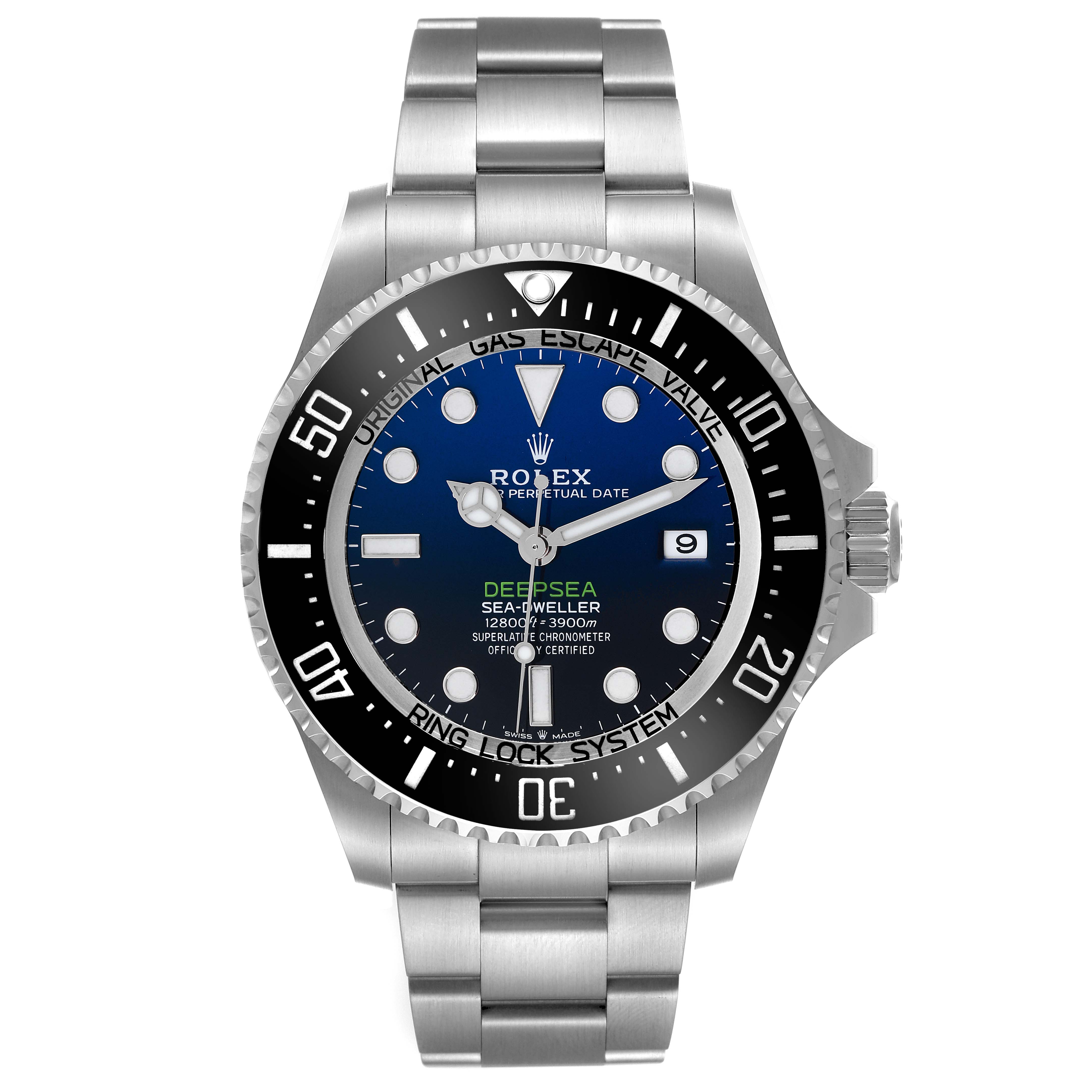 The Rolex Sea-Dweller M136660-0005 Men's Stainless Steel Blue Dial M136660-0005 Men's Stainless Steel Blue Dial watch is shown from a front angle, displaying the dial, bezel, and bracelet.