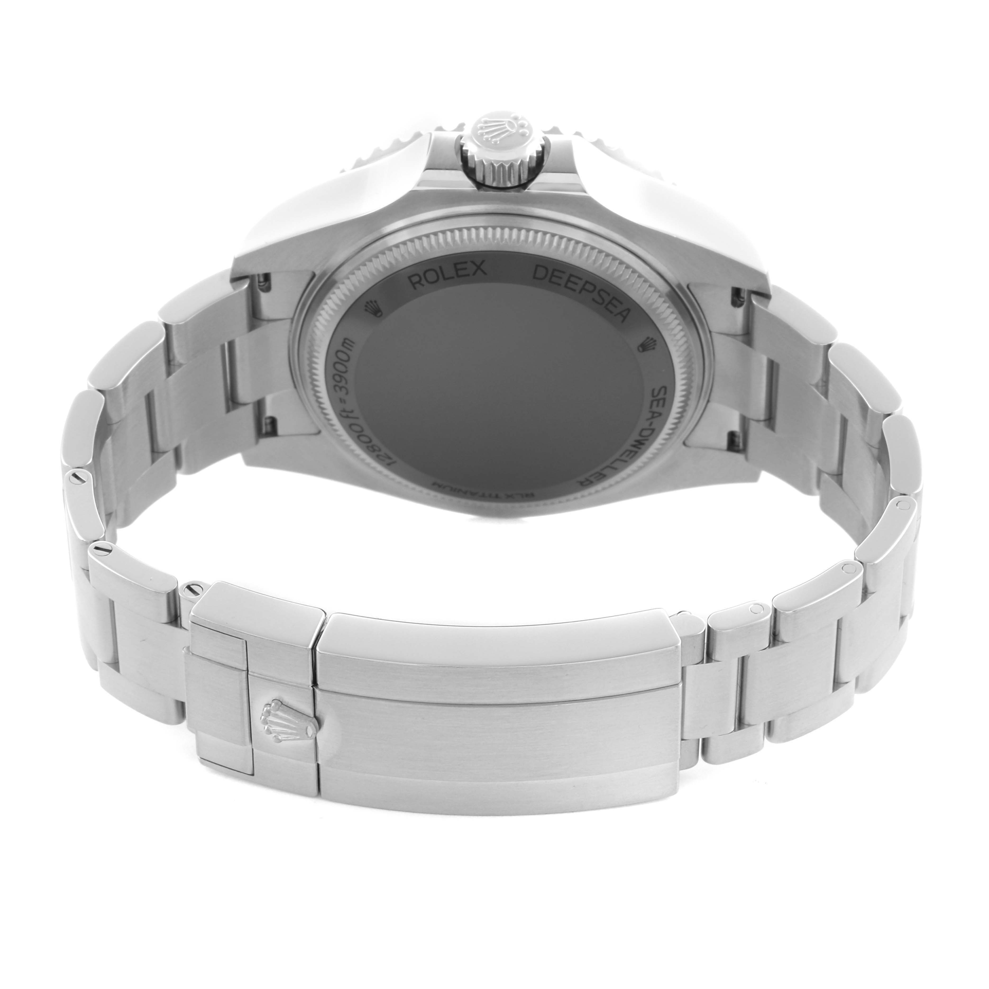 The Rolex Sea-Dweller M136660-0005 Men's Stainless Steel Blue Dial M136660-0005 Men's Stainless Steel Blue Dial watch is shown from the back, highlighting the case back, crown, and bracelet clasp.