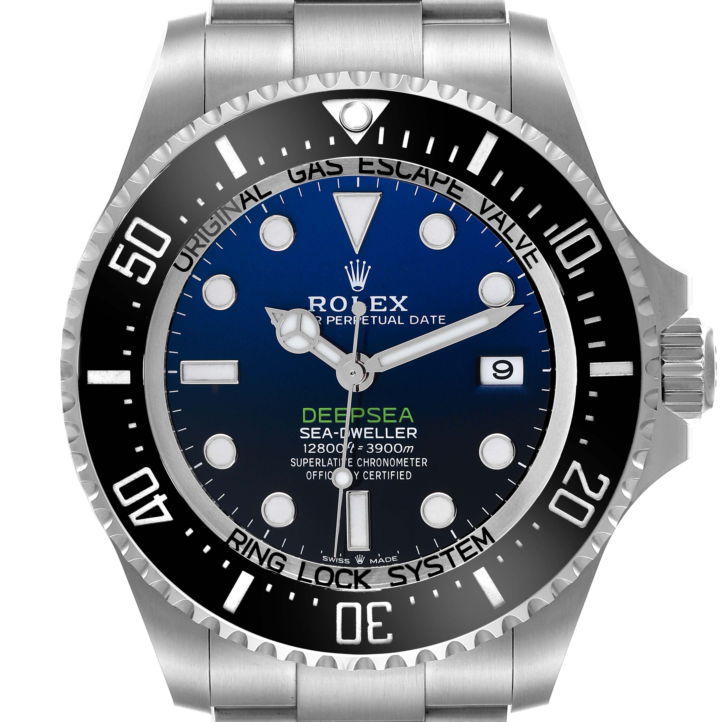 The Rolex Sea-Dweller M136660-0005 Men's Stainless Steel Blue Dial M136660-0005 Men's Stainless Steel Blue Dial is shown from a front angle, highlighting its dial, bezel, and partially visible bracelet.