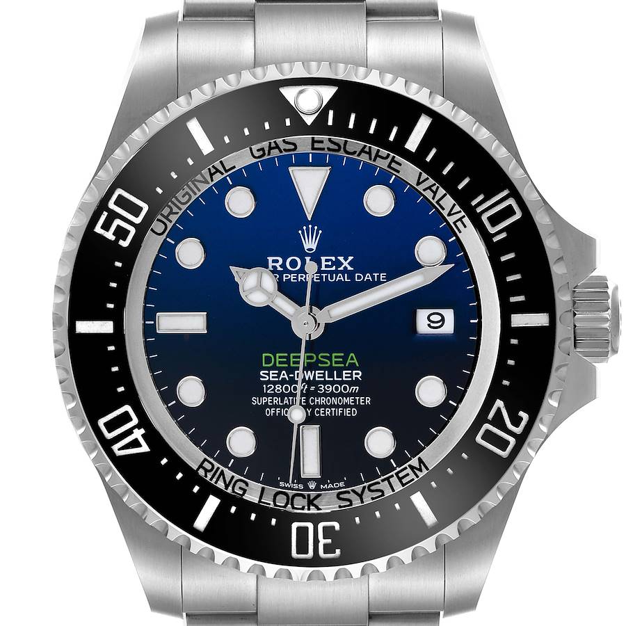 The Rolex Sea-Dweller is shown from a front angle, highlighting its dial, bezel, and partially visible bracelet.