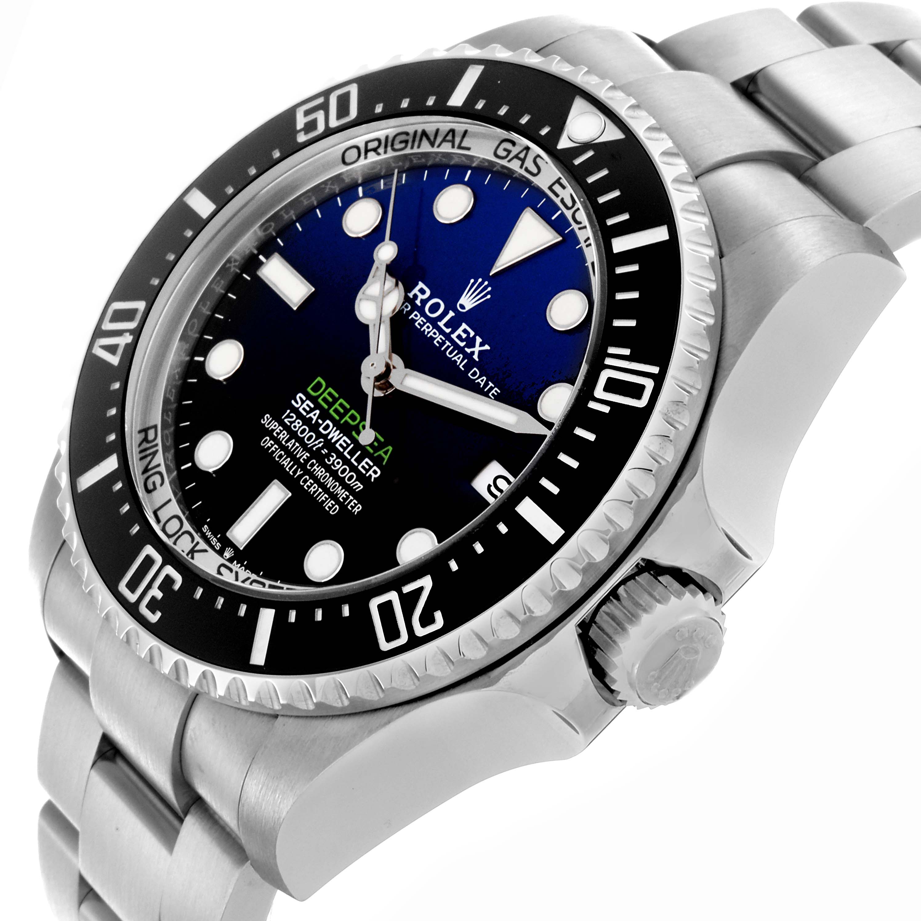 The Rolex Sea-Dweller M136660-0005 Men's Stainless Steel Blue Dial M136660-0005 Men's Stainless Steel Blue Dial watch is shown at a side angle, highlighting the dial, bezel, crown, and part of the bracelet.
