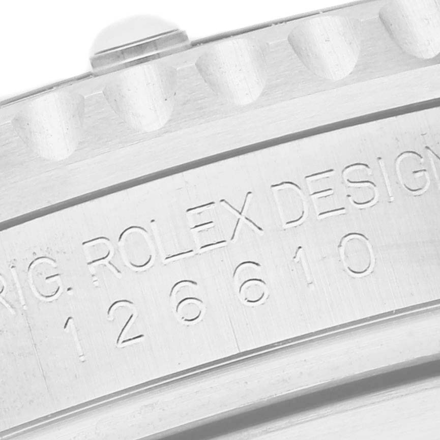 The image shows a close-up of the side of a Rolex Submariner 126610LN Men's Stainless Steel Black Dial 126610LN Men's Stainless Steel Black Dial's bezel and engraved model details.