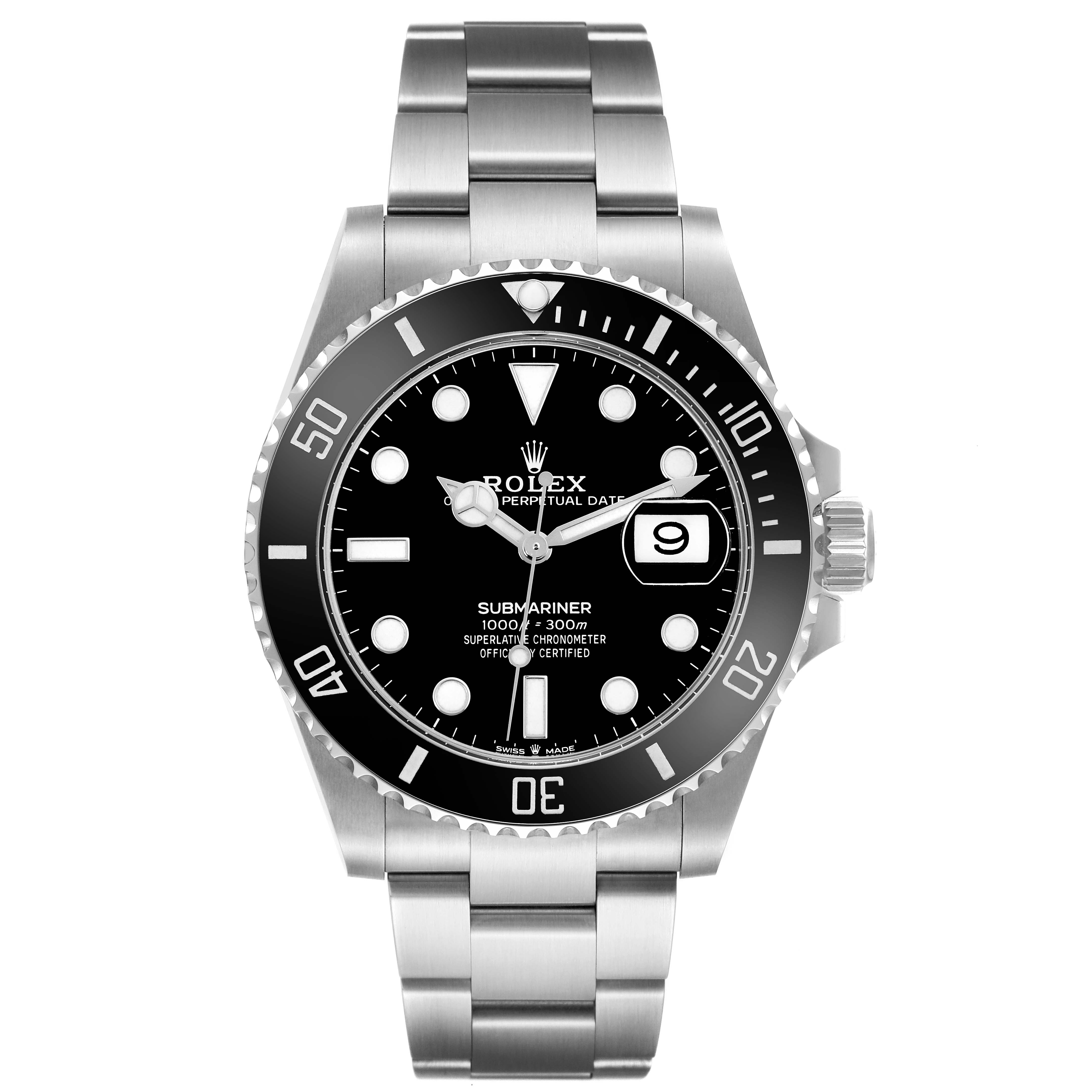 The Rolex Submariner 126610LN Men's Stainless Steel Black Dial 126610LN Men's Stainless Steel Black Dial watch is shown from a frontal angle, displaying the face, bezel, crown, and bracelet.