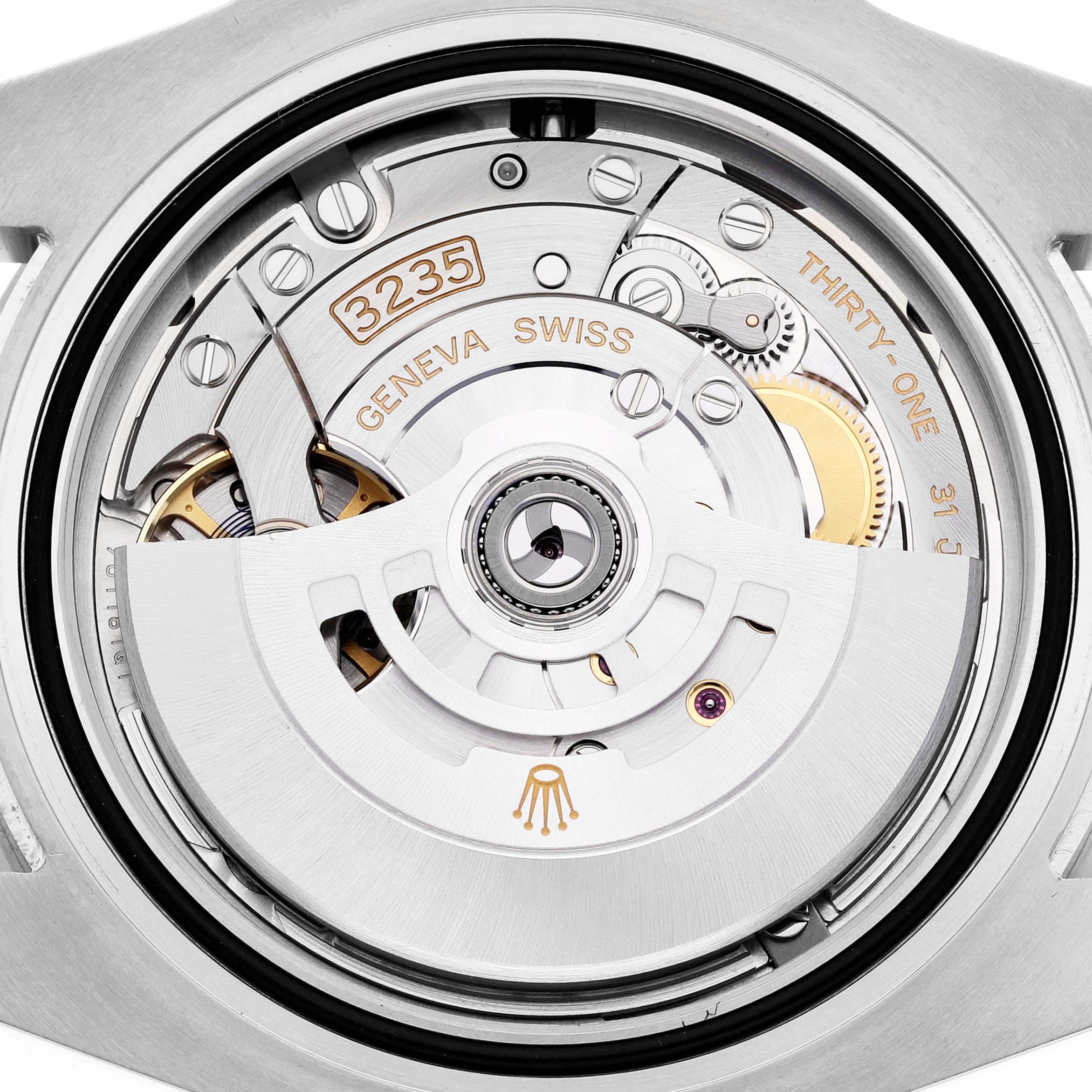 The image shows the Rolex Submariner 126610LN Men's Stainless Steel Black Dial 126610LN Men's Stainless Steel Black Dial's movement from the back, highlighting the rotor and intricate components.