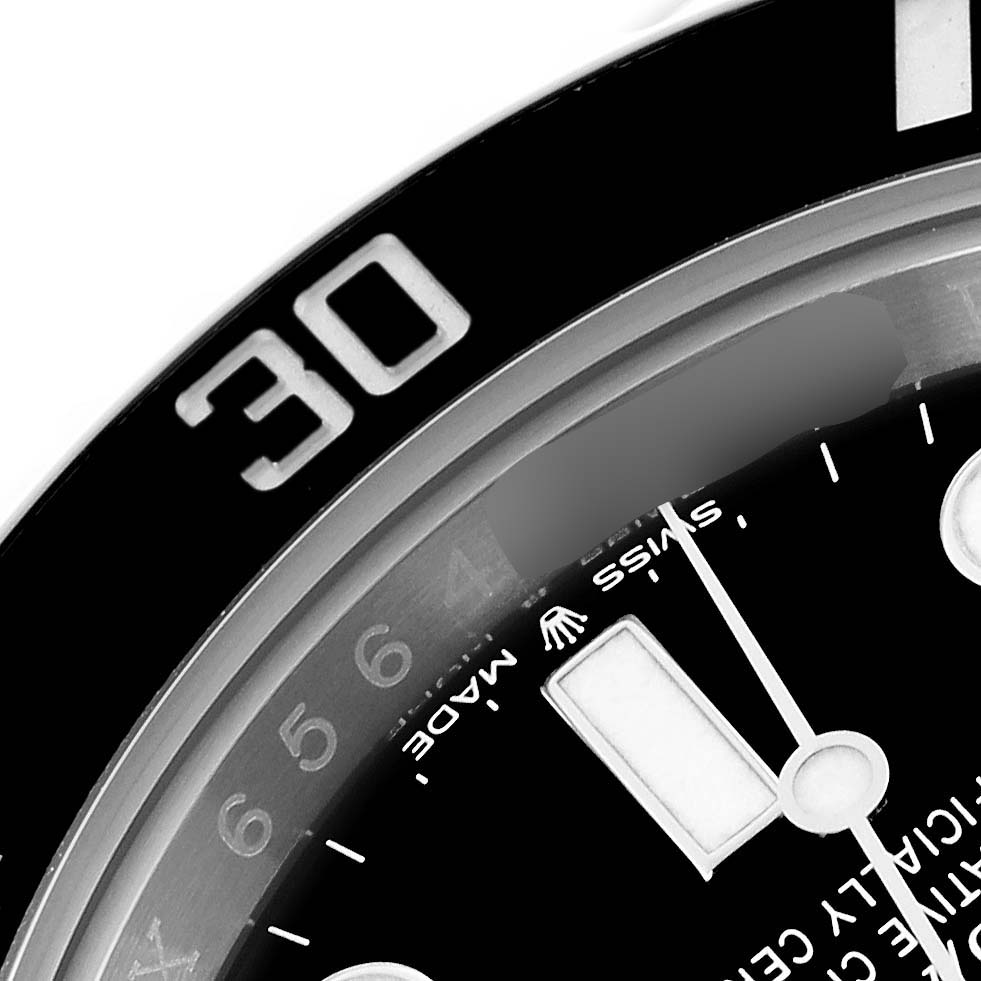 The image shows a close-up of the dial and bezel of the Rolex Submariner 126610LN Men's Stainless Steel Black Dial 126610LN Men's Stainless Steel Black Dial, highlighting the 30-minute marker and "Swiss Made" text.