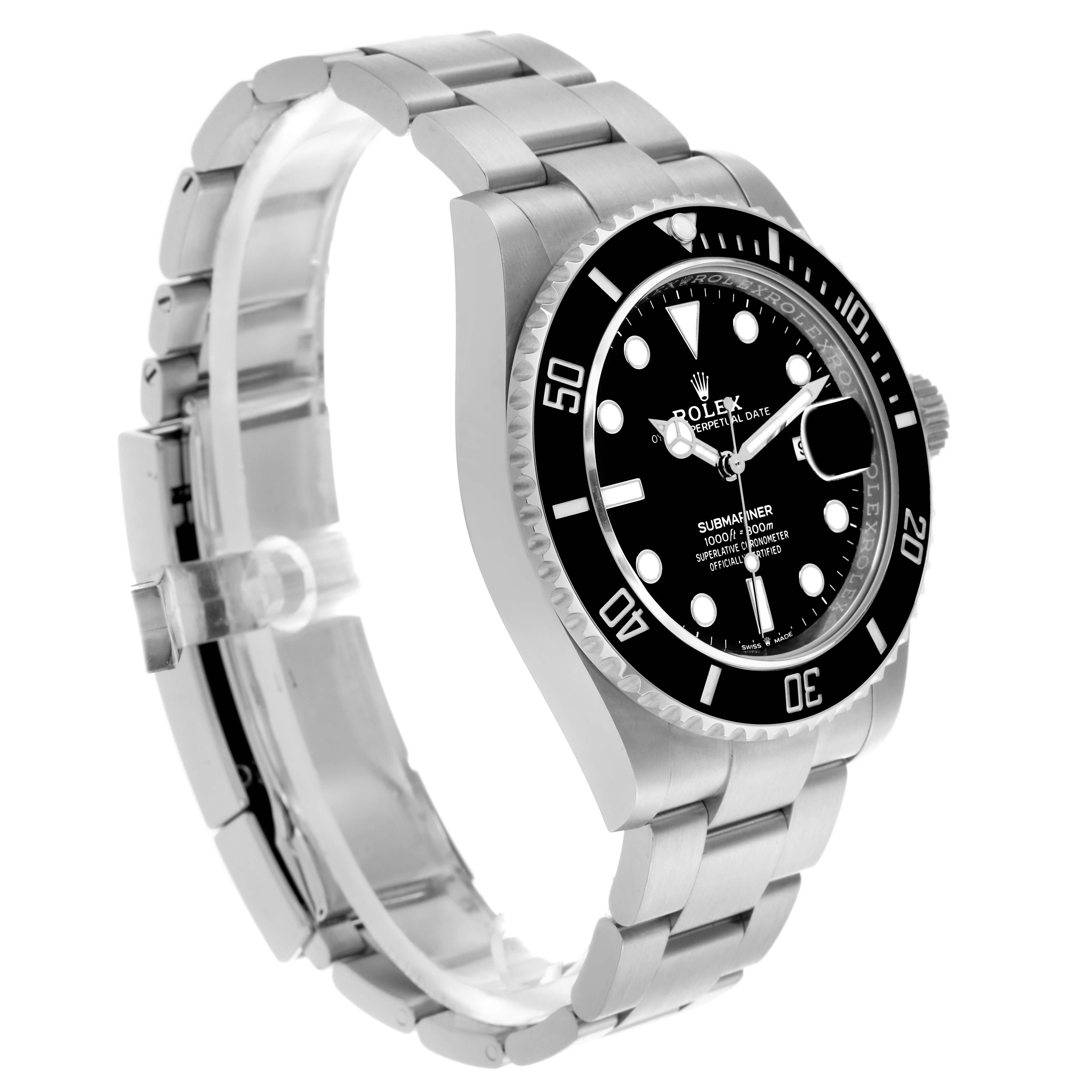 The Rolex Submariner 126610LN Men's Stainless Steel Black Dial 126610LN Men's Stainless Steel Black Dial watch is shown from a side angle, displaying the bracelet, case, bezel, and dial.
