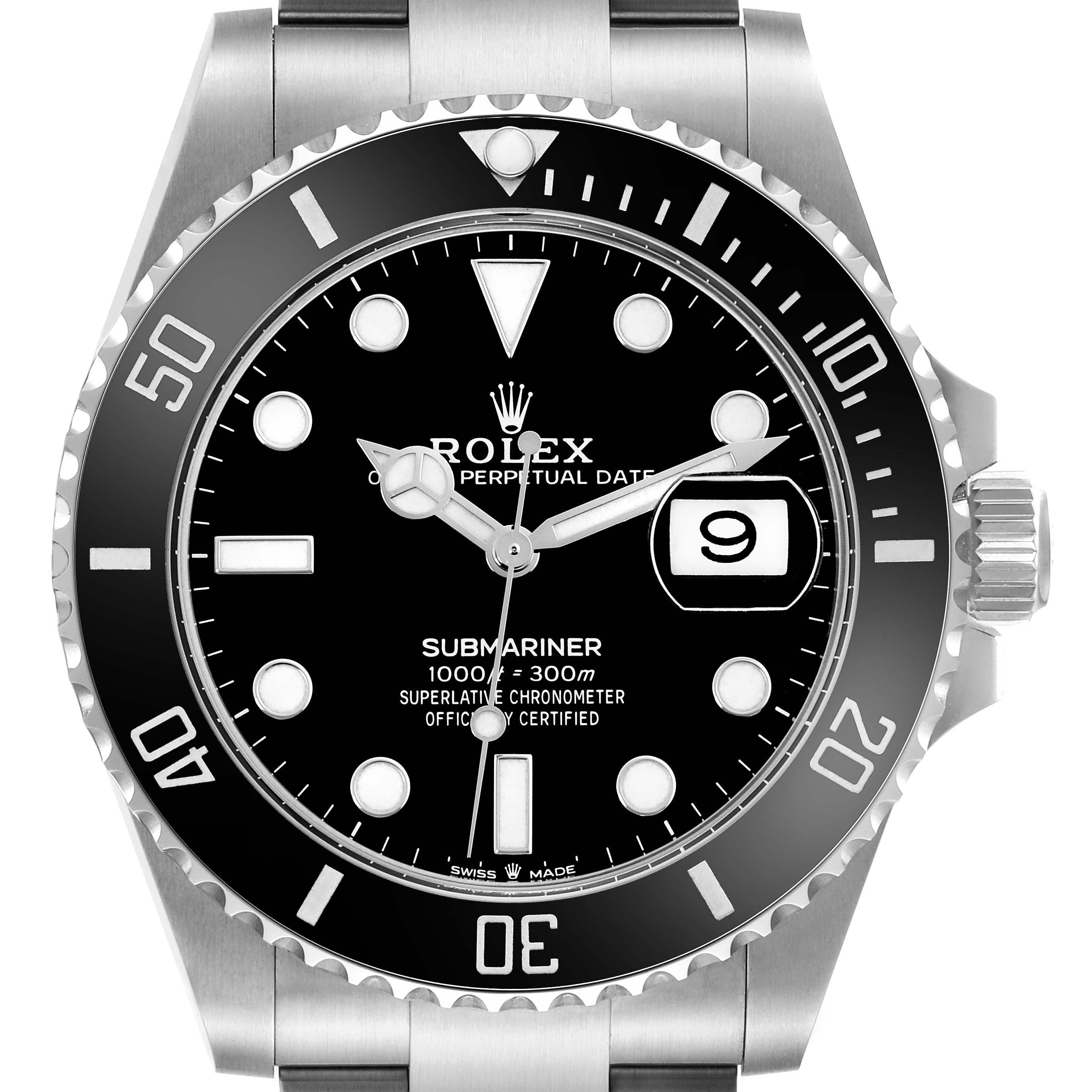The image shows a front view of a Rolex Submariner 126610LN Men's Stainless Steel Black Dial 126610LN Men's Stainless Steel Black Dial, displaying its dial, bezel, crown, and part of the bracelet.