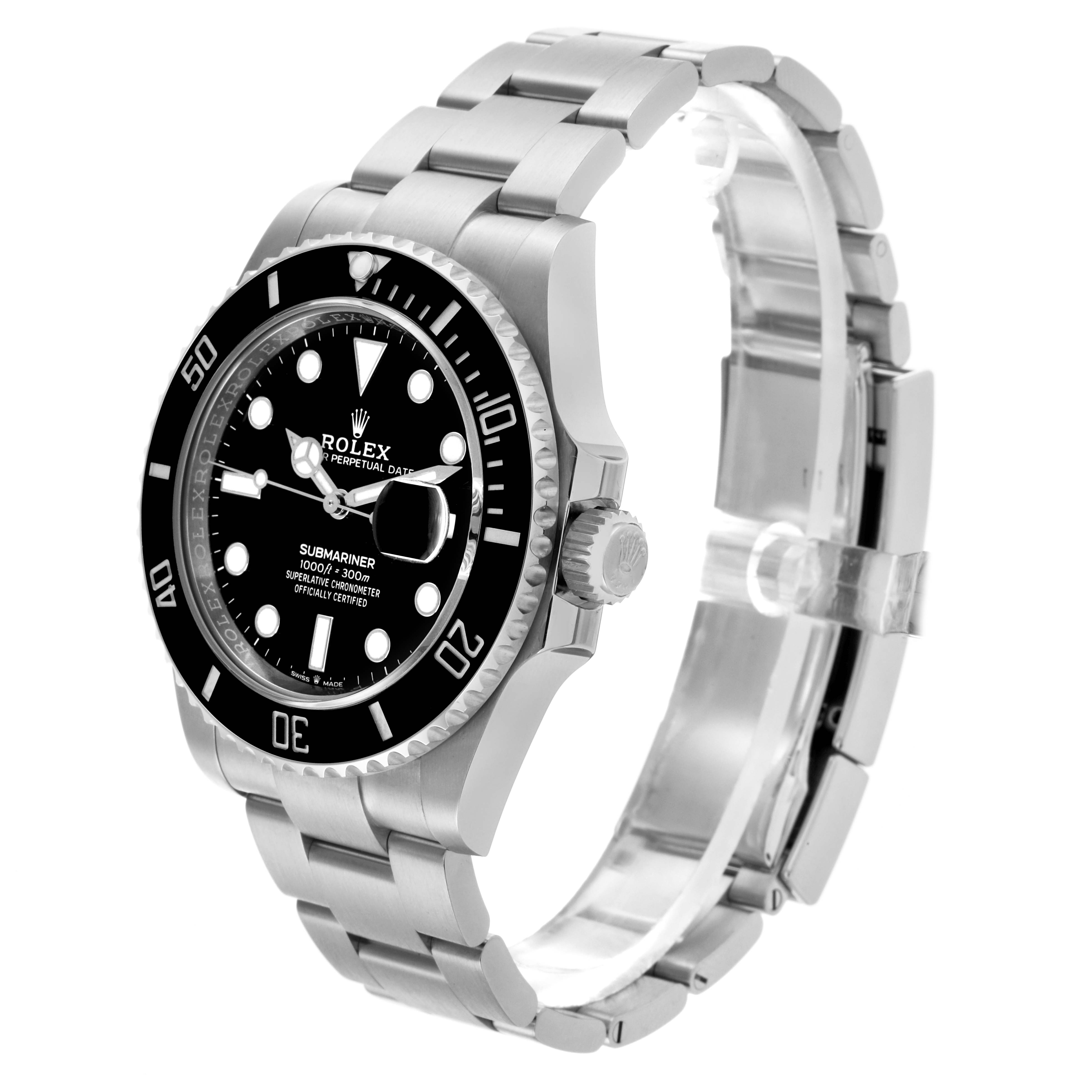 The Rolex Submariner 126610LN Men's Stainless Steel Black Dial 126610LN Men's Stainless Steel Black Dial watch is shown from a front-side angle, displaying its face, bezel, and bracelet.